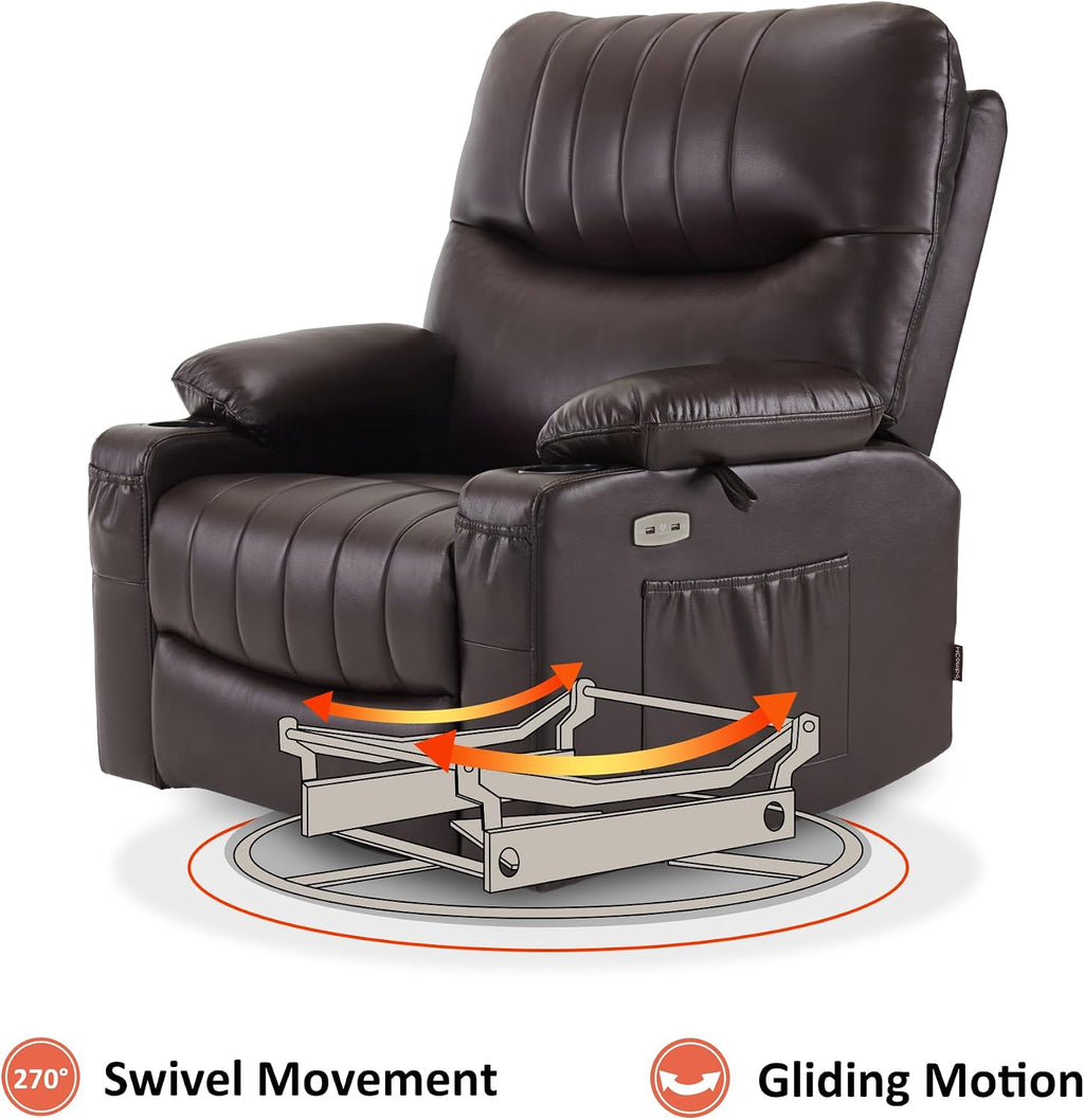 MCombo Oversized Swivel Glider Rocker Power Recliner Chair for Living Room with Heat and Vibration Massage, USB Ports, Cup Holders and Pockets, Faux Leather 7785 (Chocolate Brown)