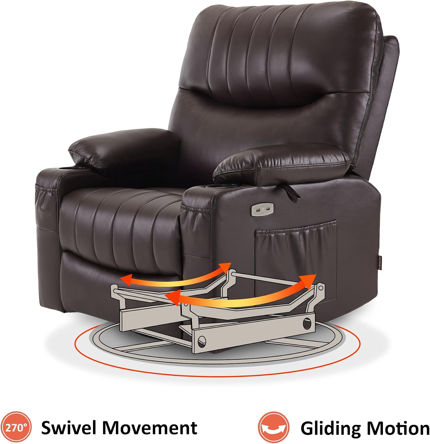 MCombo Oversized Swivel Glider Rocker Power Recliner Chair for Living Room with Heat and Vibration Massage, USB Ports, Cup Holders and Pockets, Faux Leather 7785 (Chocolate Brown)