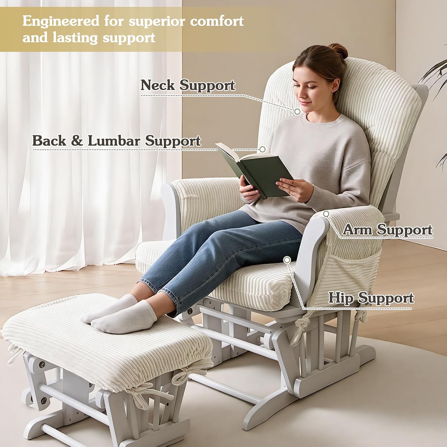 ANMINY 5pcs Glider Rocker Replacement Cushions Set - Thickened Fleece Glider Rocking Chair Cushions with 29.5 inch High Backrest & Side Pockets for Indoor Nursery, Washable & Non Slip, Beige