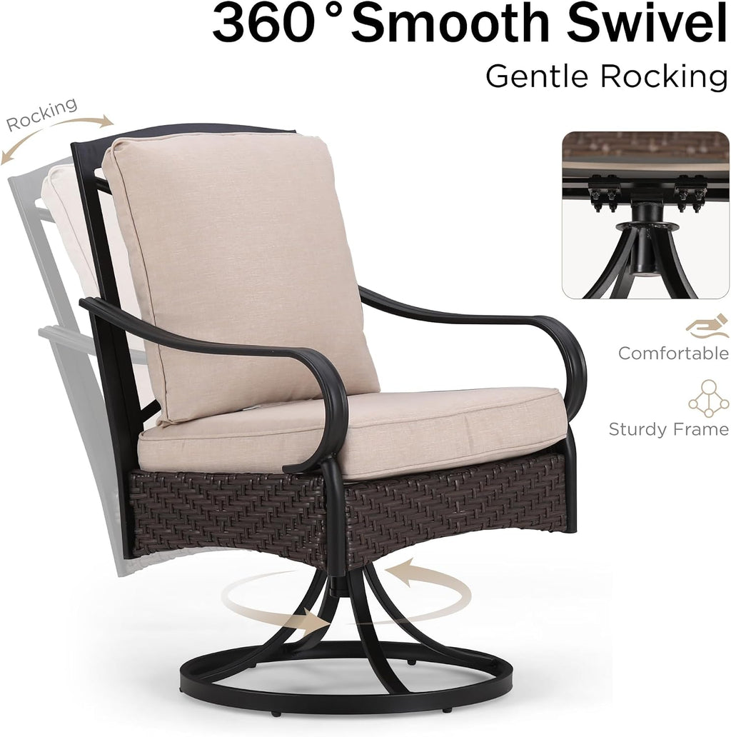 PHI VILLA 5-Piece Outdoor Dining Sets, All-Weather Patio Table and Chairs Set for 4, Heavy Duty Patio Table Set Round for Deck, 4 Extra Large Outdoor Metal Wicker Dining Chairs with Thick Cushions