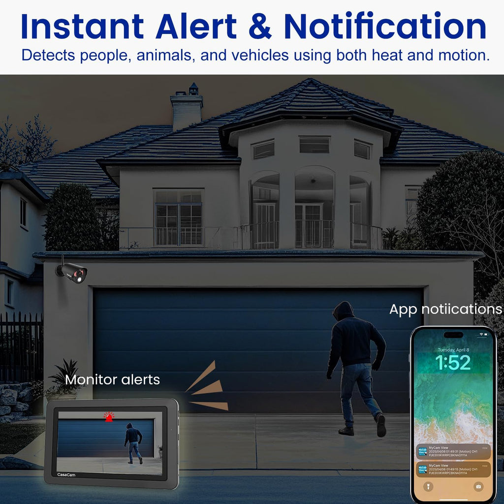 CasaCam GuardianCam Air | Wireless Security Camera System with 7' Touchscreen Monitor and 2 720p Cameras | AC Powered, Two-Way Audio, Free APP, Micro SD Card and Battery Installed, Model VS802