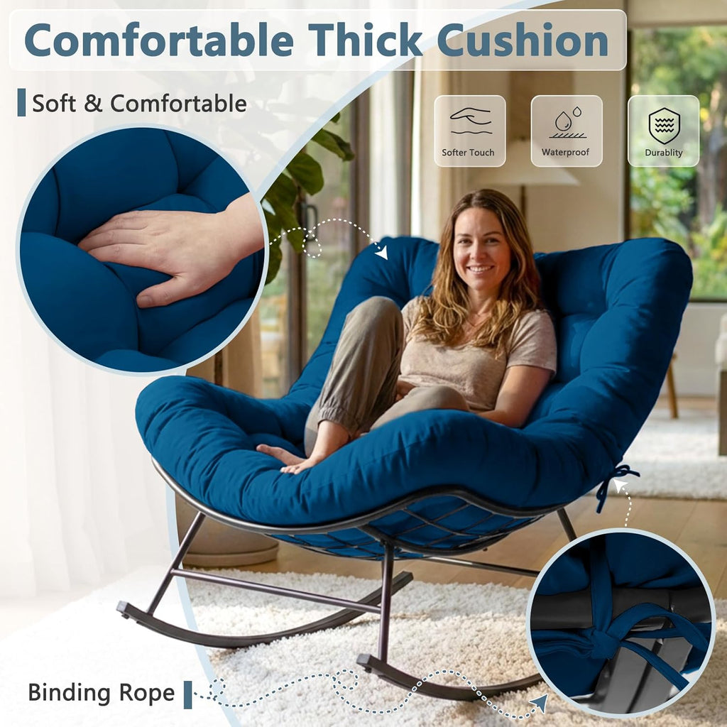 Outdoor Rocking Chairs Set of 2 with Wicker Side Table, Thick Cushioned Papasan Rocking Chairs with End Table, 3PCS Oversized Egg Chair Set for Patio, Porch, Balcony, Bedroom, Living Room, Navy Blue