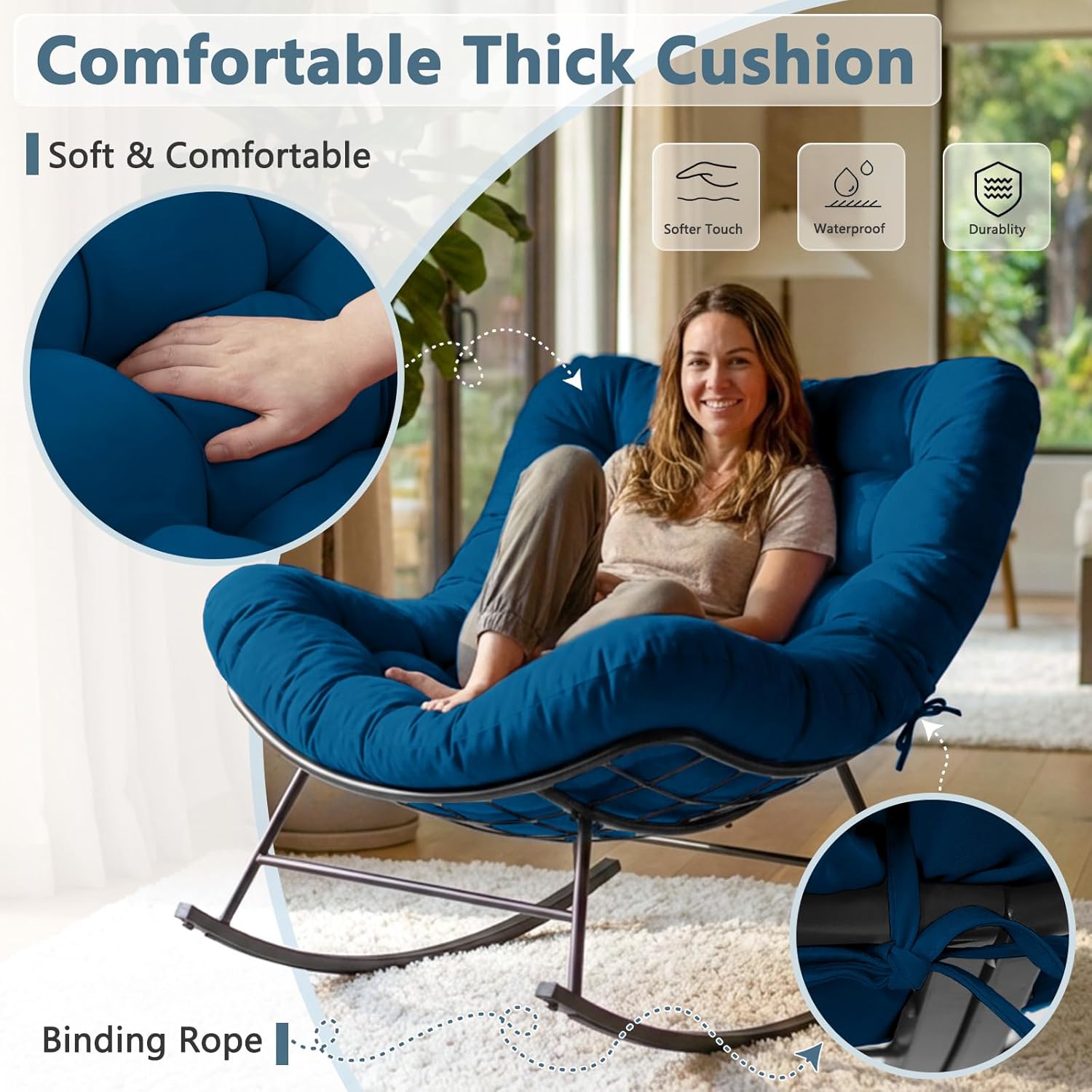 Outdoor Rocking Chairs Set of 2 with Wicker Side Table, Thick Cushioned Papasan Rocking Chairs with End Table, 3PCS Oversized Egg Chair Set for Patio, Porch, Balcony, Bedroom, Living Room, Navy Blue