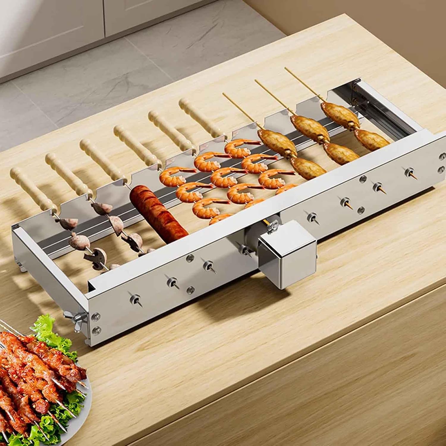 iDili Ac/Dc Fully Automatic Barbecue Flip Rack, Adjustable Width Bamboo Skewer Grilling Machine 5V Can Be Connected to Power Bank (50cm)