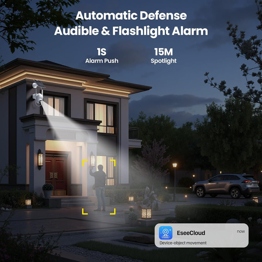 Solar Security Camera Wireless Outdoor, 4 Cam-Kit, Solar-Powered, 2K Home Security System, 360 Pan & Tilt, Color Night Vision, Motion Detection, 64GB Memory Card, No Monthly Fee