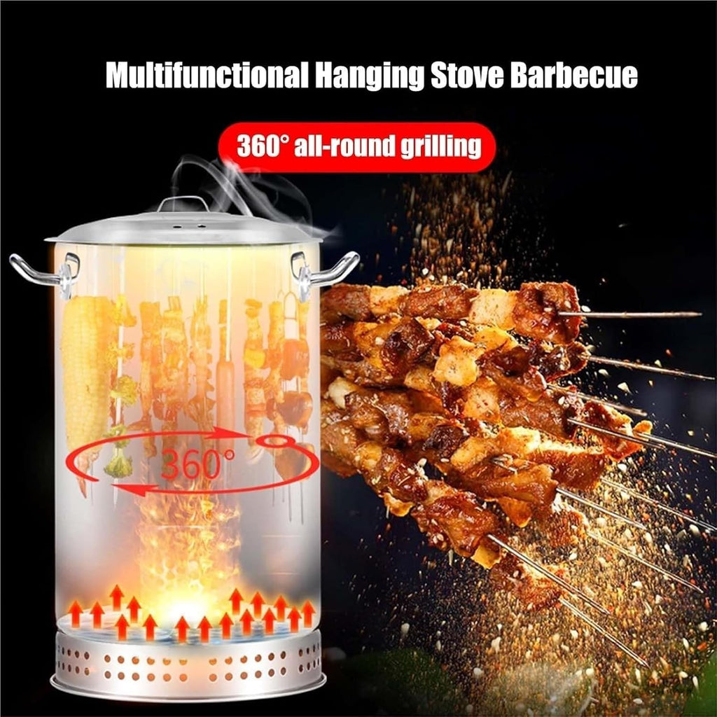 Portable Charcoal Barrel BBQ Grill 360°Rolling Grilling Basket Stainless Steel Hanging Stove for Outdoor Camping