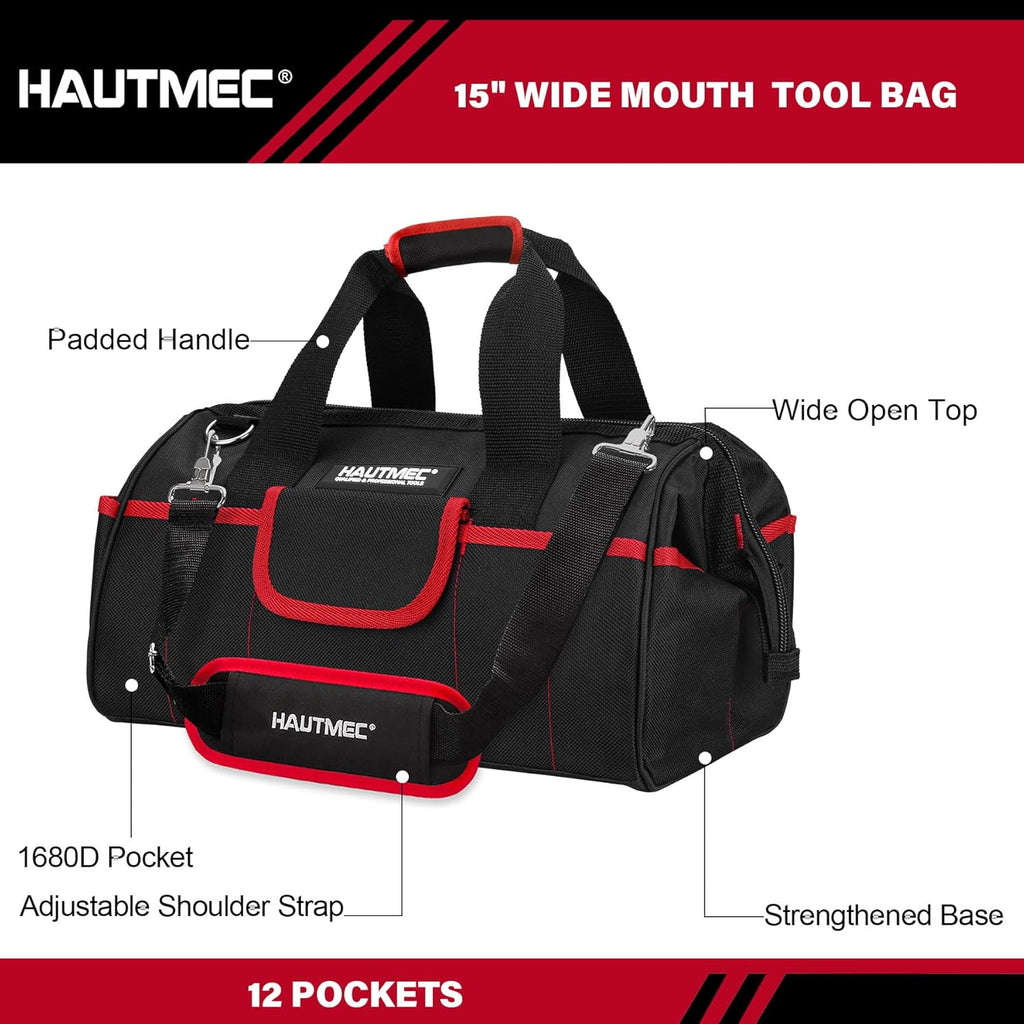 HAUTMEC 2-Piece Rolling Tool Bag Set, 15' Wheeled Tool Bag & Wide Mouth Tool Tote, Heavy-Duty Tool Storage Organizer with Durable Off-Road Wheel, Steel Telescoping Handle & Shoulder Strap – HT0288