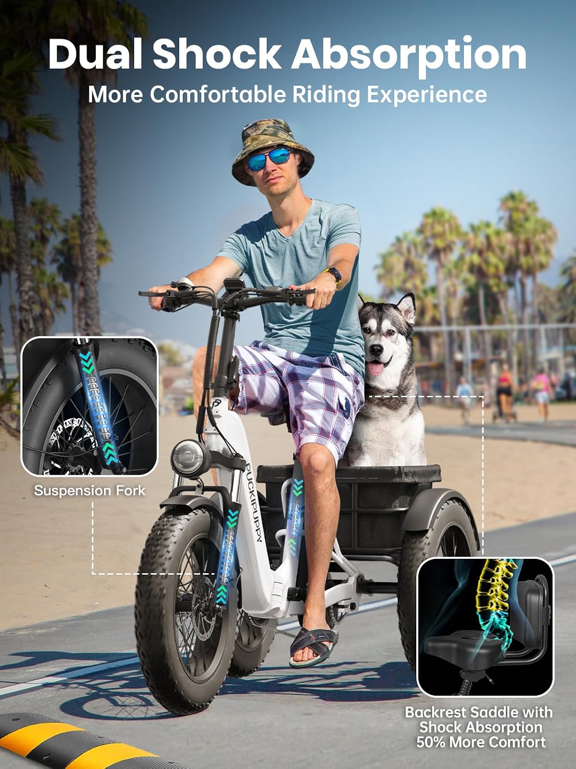 PUCKIPUPPY Electric Trike for Adult with 960W Peak Motor, 60 Miles Range Pickup Class Tricycle, 500 Lbs Load Electric Trike with Rear Differential and 20' Fat Tires, 48V 17.4AH Cell Battery, Husky