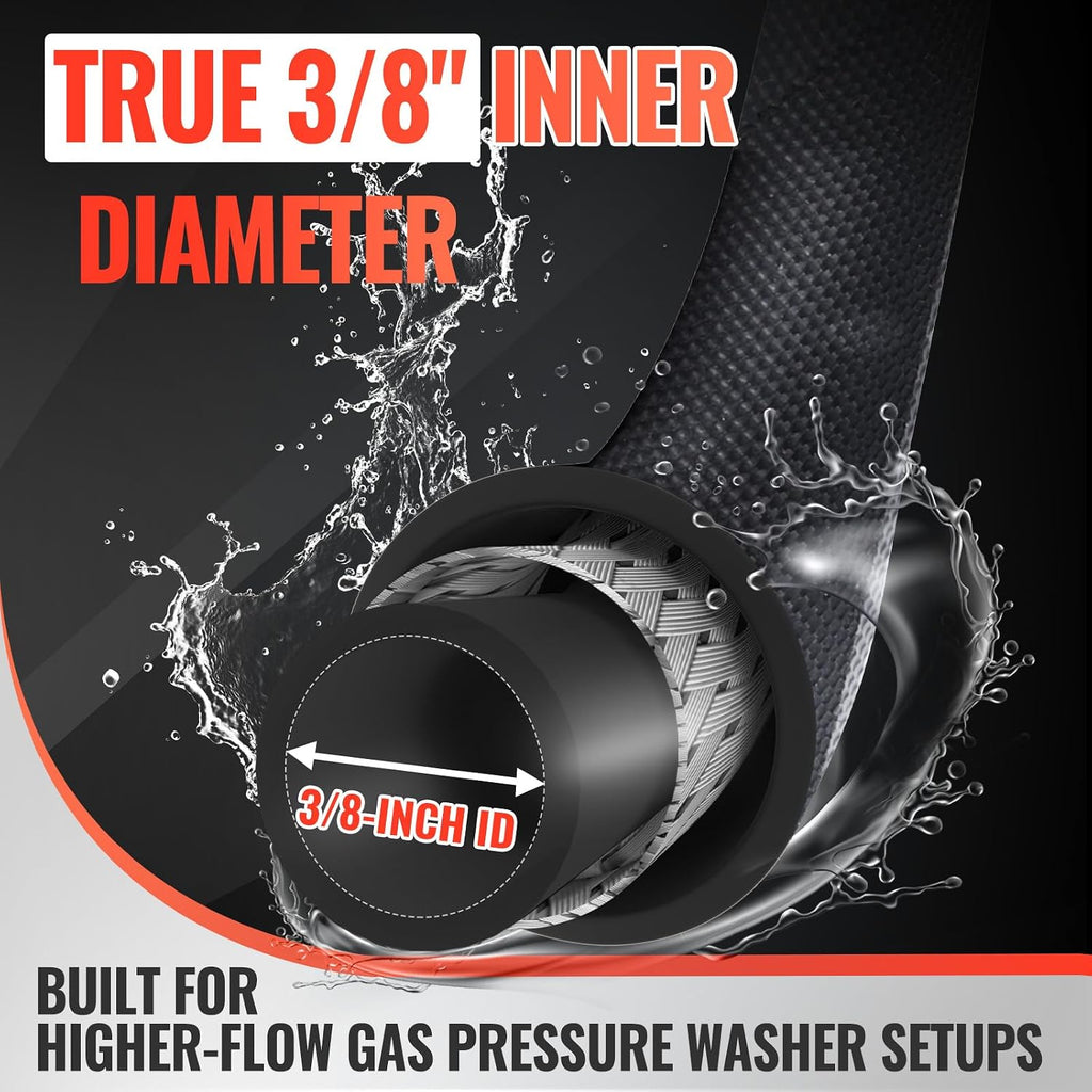 YAMATIC 3/8 Pressure Washer Hose 200 FT 3/8', 4000 PSI Hot Water Power Washer Hose, 360° Swivel 3/8' Quick Connect, Heavy Duty Rubber Hose for Simpson Honda DeWalt Generac Troy-Bilt