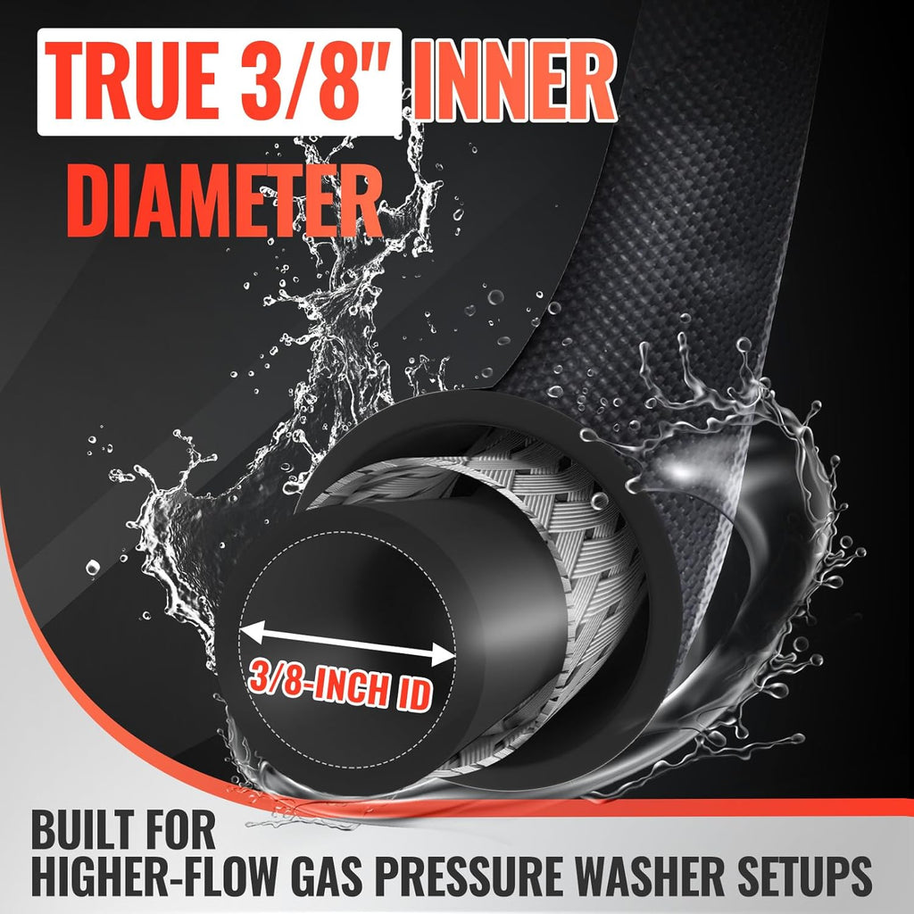 YAMATIC 3/8 Pressure Washer Hose 125 FT 3/8', 4000 PSI Hot Water Power Washer Hose, 360° Swivel 3/8' Quick Connect, Heavy Duty Rubber Hose for Simpson Honda DeWalt Generac Troy-Bilt