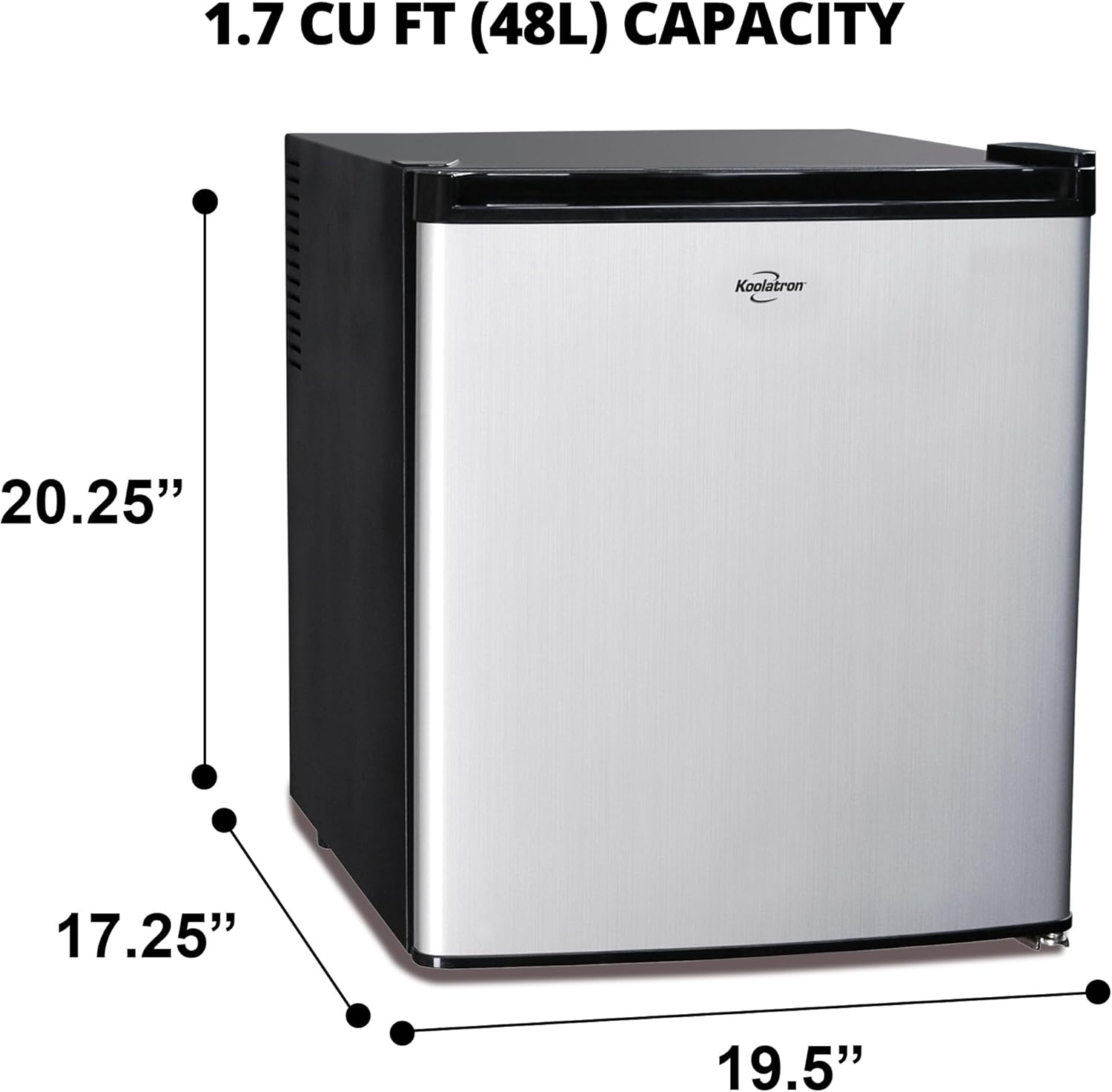 Koolatron Stainless Steel Compact Fridge with Freezer, 1.7 Cubic Feet (48 L) Capacity, Silver and Black, for Snacks, Frozen Meals, Beverages, Juice, Beer, Den, Dorm, Office, Games Room, or RV