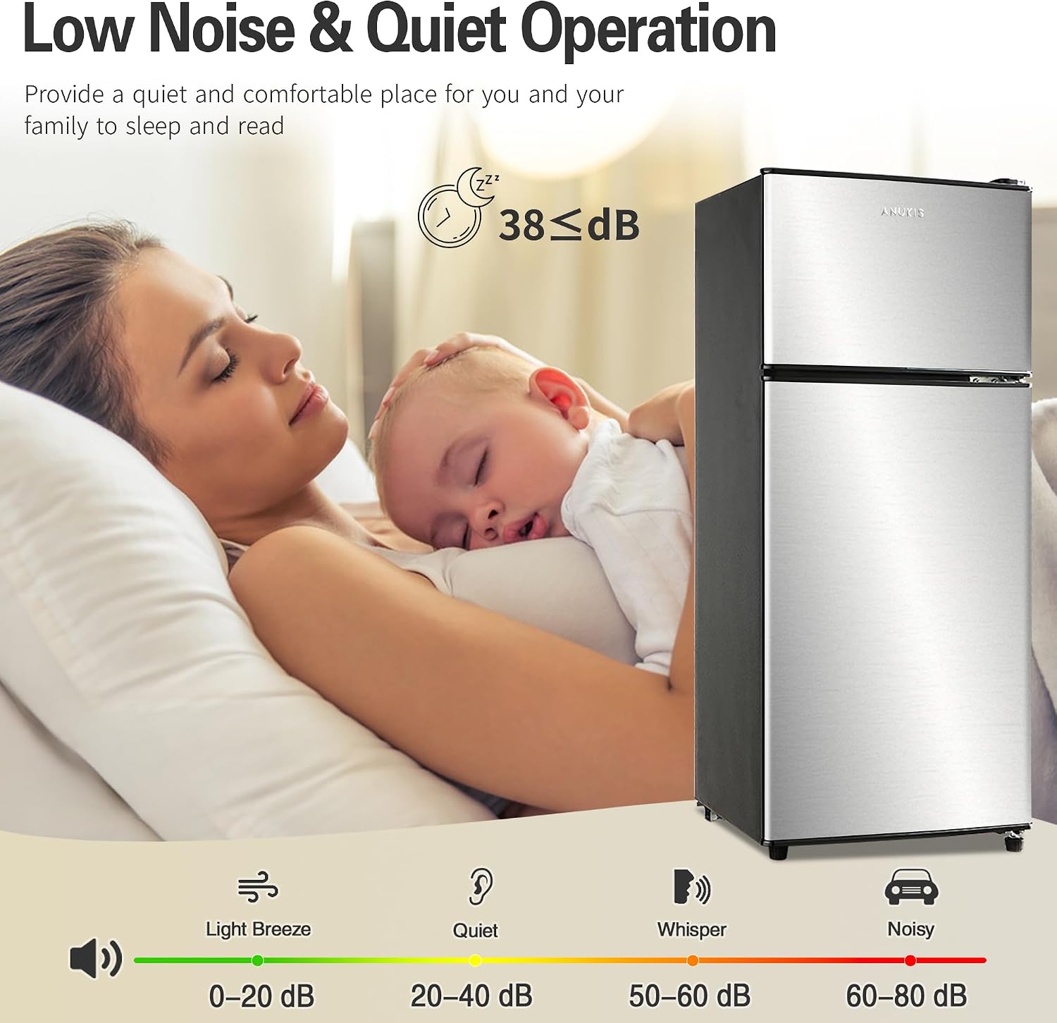 Anukis Compact Refrigerator 3.8 Cu Ft 2 Door Mini Fridge with Freezer For Apartment, Dorm, Office, Family, Basement, Garage