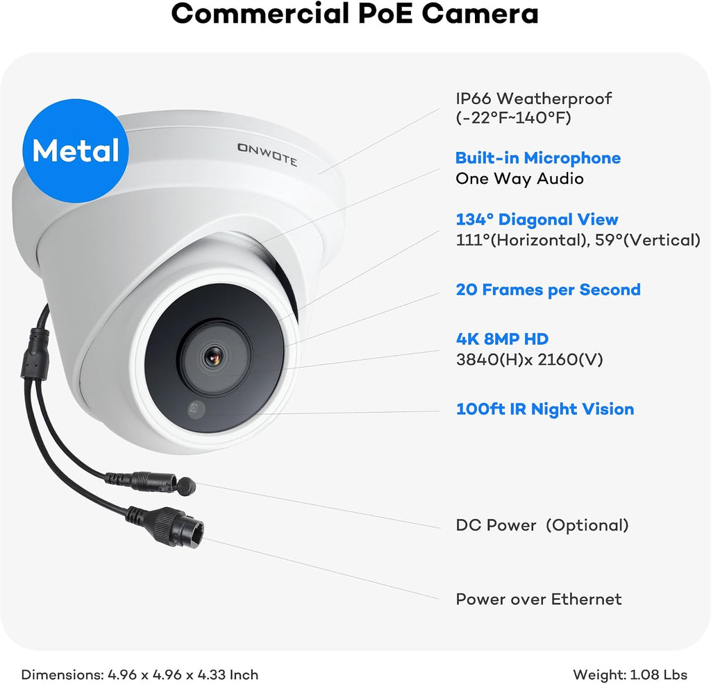 ONWOTE 16 Channel 4K PoE Security Camera System, Face Recognition & AcuSearch, AI Detection, 12MP 16CH Commercial NVR 4TB, 16x 8MP 134° IP Cameras with Audio, Total 1280ft Cables, CCTV for Business