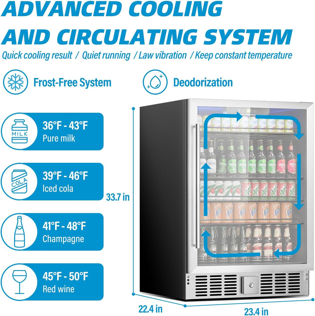 176 Can Freestanding Beverage Refrigerator, 5.3 Cu.Ft Drink Fridge with Glass Door, Adjustable Shelves & Temperature Control, Quiet Compressor Small Refrigerator for Soda, Beer or Wine