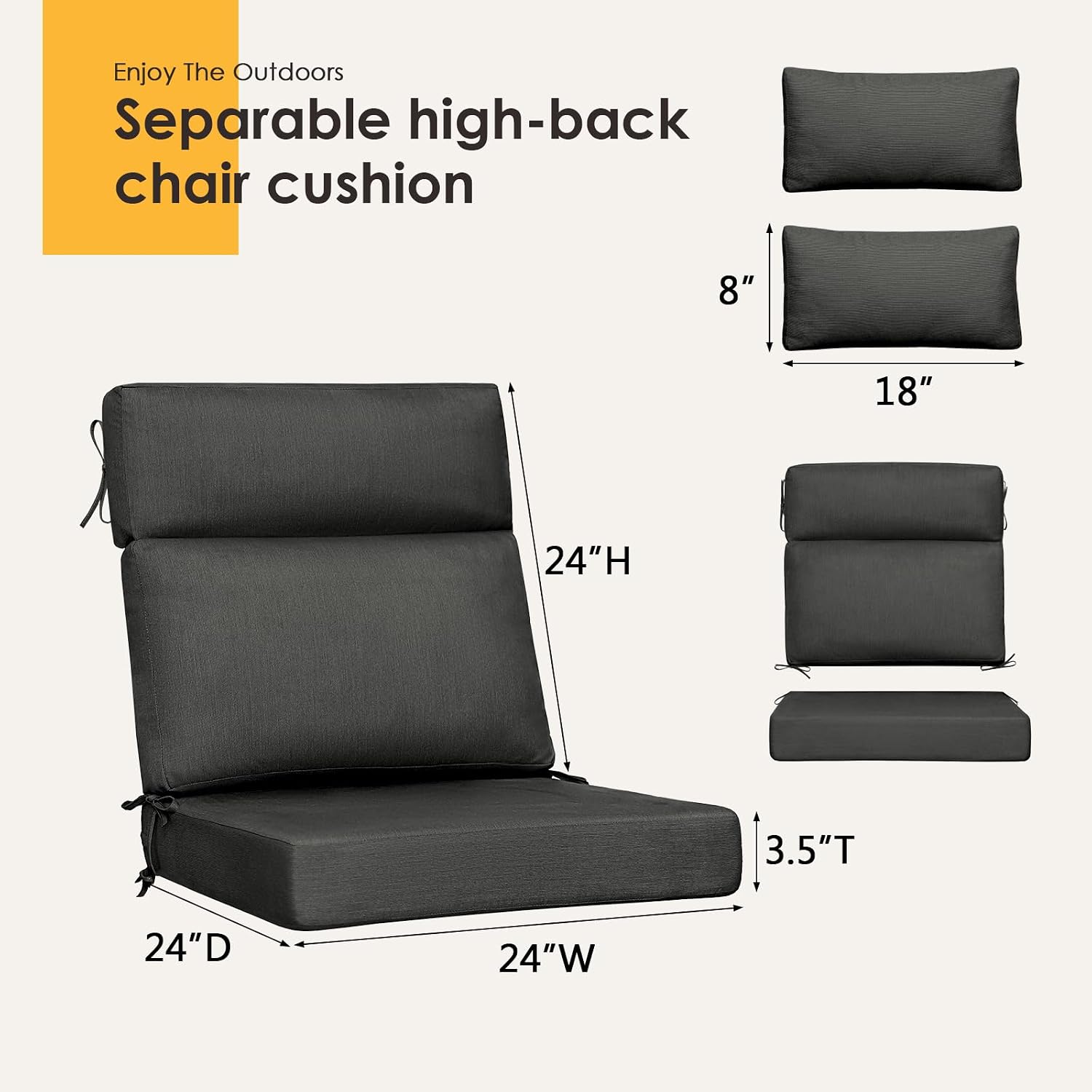 Sunbrella Outdoor High Back Chair Cushion, 2 Pack 48 x 24 inches Patio Chair Cushions Water Repellent Rocking Cushions Indoor Furniture Seat Pad with 2 Pillows, Spectrum Carbon