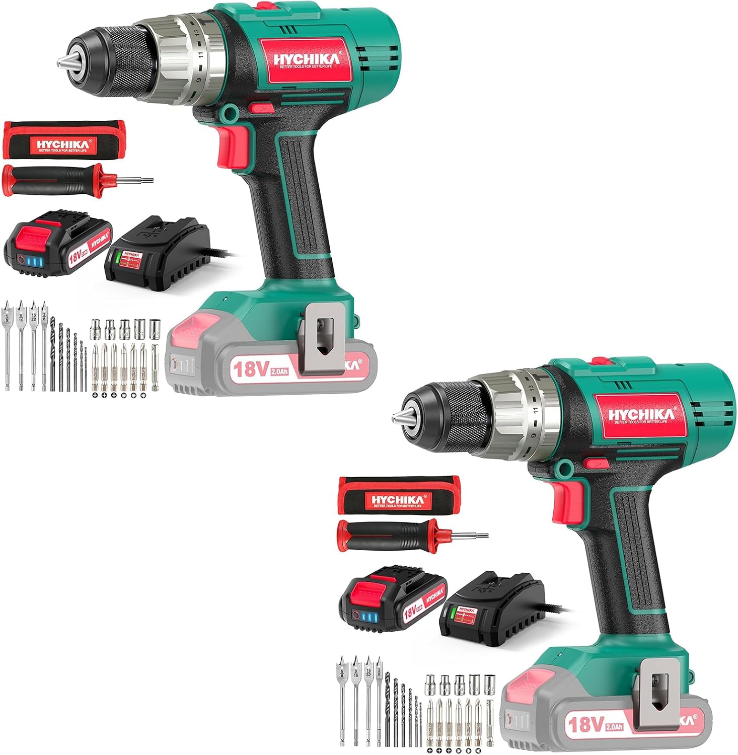 2 Sets of 18V Cordless Hammer Drill Driver, 400 In-lbs Torque Power Drill with Auxiliary Handle, 1/2' Metal Chuck, 2.0Ah Battery, 1H Fast Charger, 21+3 Clutch, LED Light for Drilling Wood Metal Wall