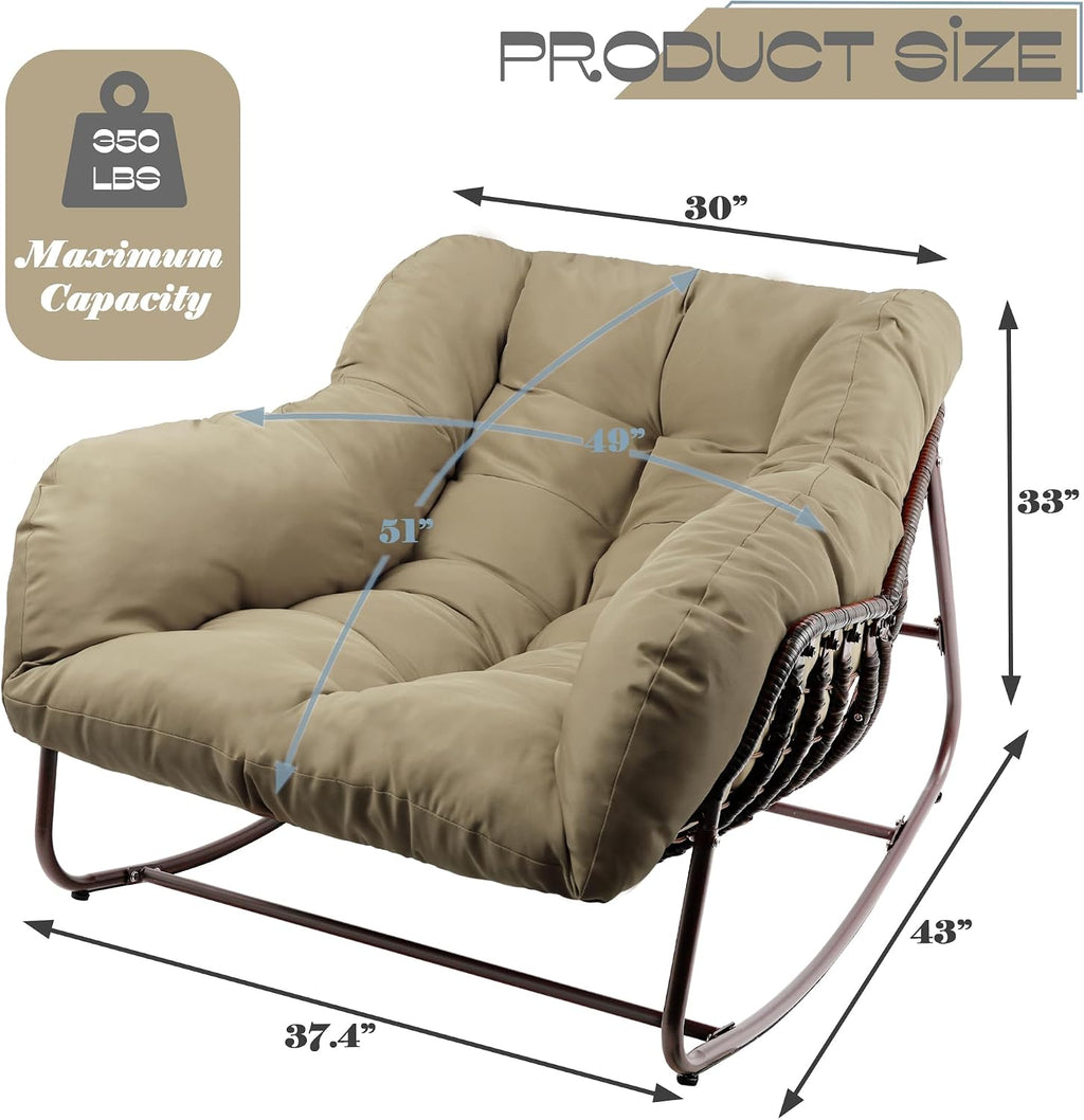Outdoor Papasan Rocking Chair, Oversized Patio Rocking Chairs with Padded Cushion& Pillow-Comfortable Rocker Egg Chair for Front Porch, Garden, Patio, Backyard,2PC,Khaki