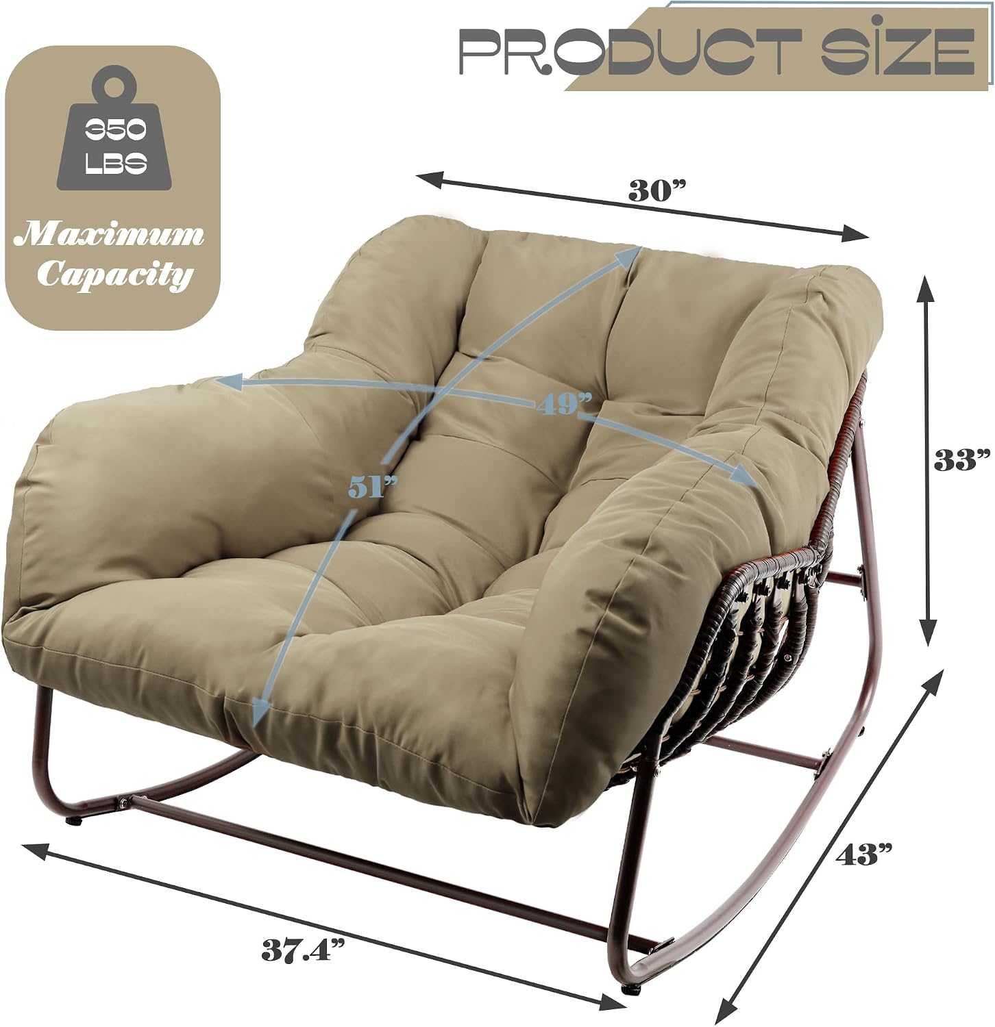Outdoor Papasan Rocking Chair, Oversized Patio Rocking Chairs with Padded Cushion& Pillow-Comfortable Rocker Egg Chair for Front Porch, Garden, Patio, Backyard,2PC,Khaki