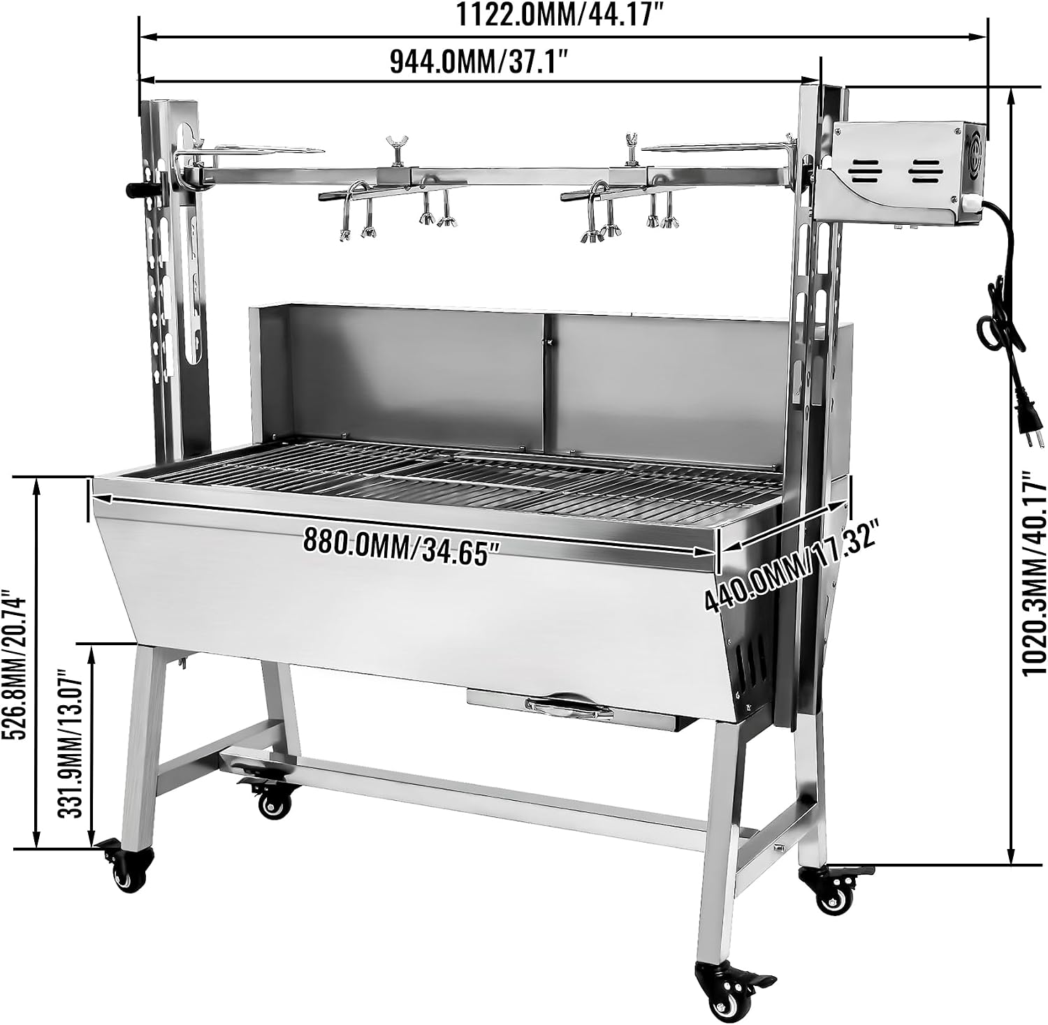 Stainless Steel Rotisserie Grill with Back Cover Guard, 25W Motor Small Pig Whole Lamb Rotisserie Roaster, 37' 132LBS BBQ Charcoal Rotisserie Roaster Grill for Camping Outdoor Kitchen