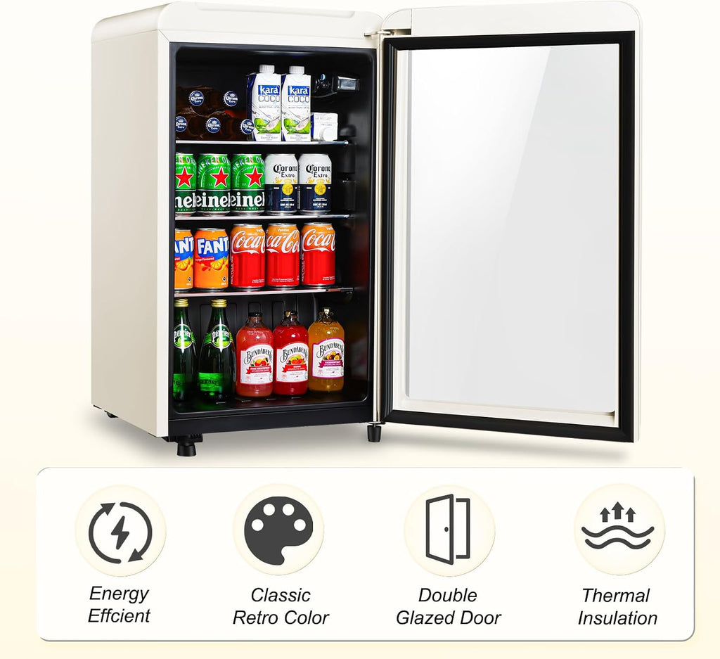 Retro Beverage Refrigerator, 3.2 Cu.Ft Mini Fridge with Glass Door, Vintage Freestanding Drink Cooler for Office, Bar, Home, Adjustable Shelving, Adjustable Thermostat (White)