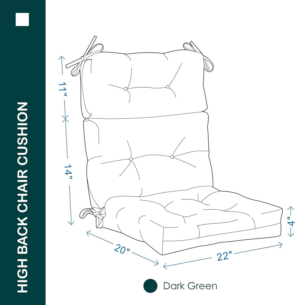 Outdoor Indoor High Back Chair Cushions Set of 4,Waterproof All-Weather Patio Adirondack Rocking Chair Cushions,Seat Back Chair Cushion for Outdoor Furniture with Ties,45x22 Inch, Dark Green