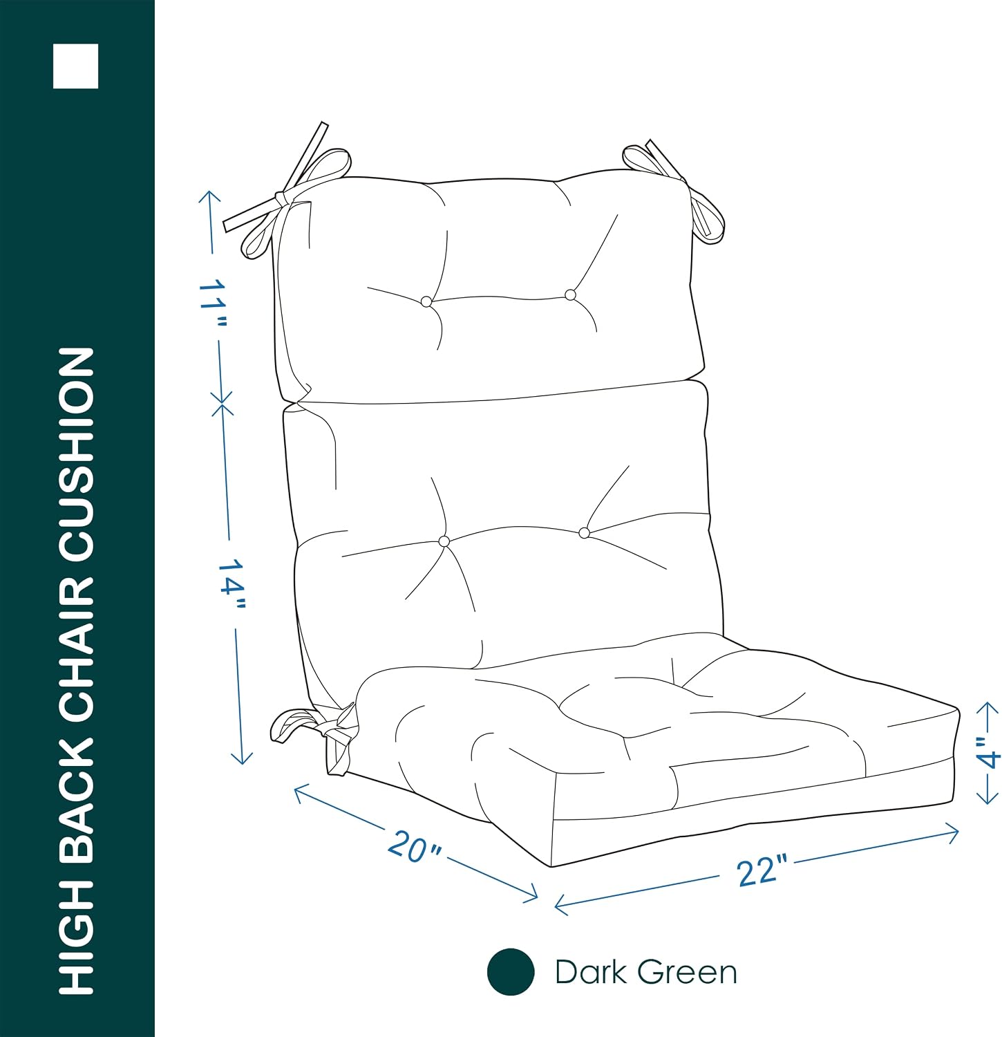 Outdoor Indoor High Back Chair Cushions Set of 4,Waterproof All-Weather Patio Adirondack Rocking Chair Cushions,Seat Back Chair Cushion for Outdoor Furniture with Ties,45x22 Inch, Dark Green