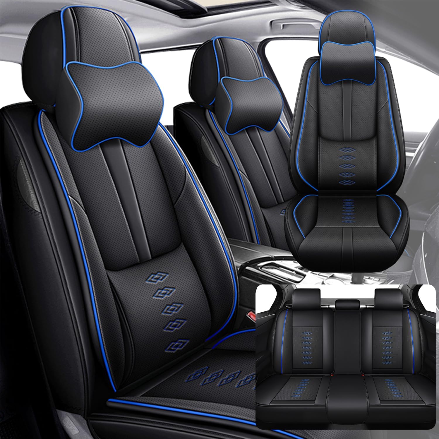 Car Seat Covers 5 Seats Fit for Jeep Wrangler Unlimited 4xe 2021 2022,Waterproof Leather Seat Covers,Airbag Compatible,Car Seat Protectors Interior Sets(5PCS with Pillows,Black&Blue)