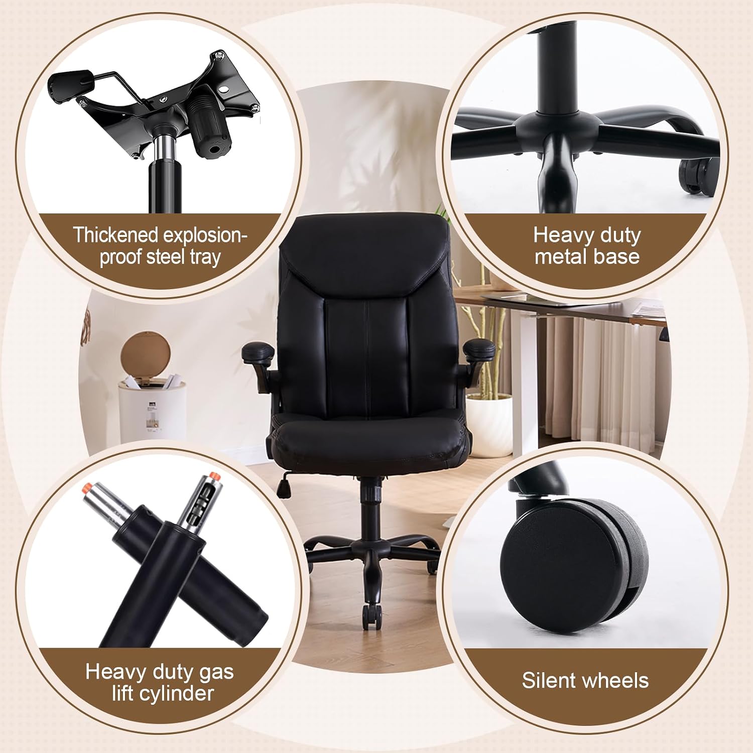 PU Leather Office Chair Comfy Home Office Desk Chairs, Ergonomic Executive Chair with Tilt Lock Back Support 360° Swivel, Small Computer Chair with Wheels and Padded Flip-Up Arms | Black