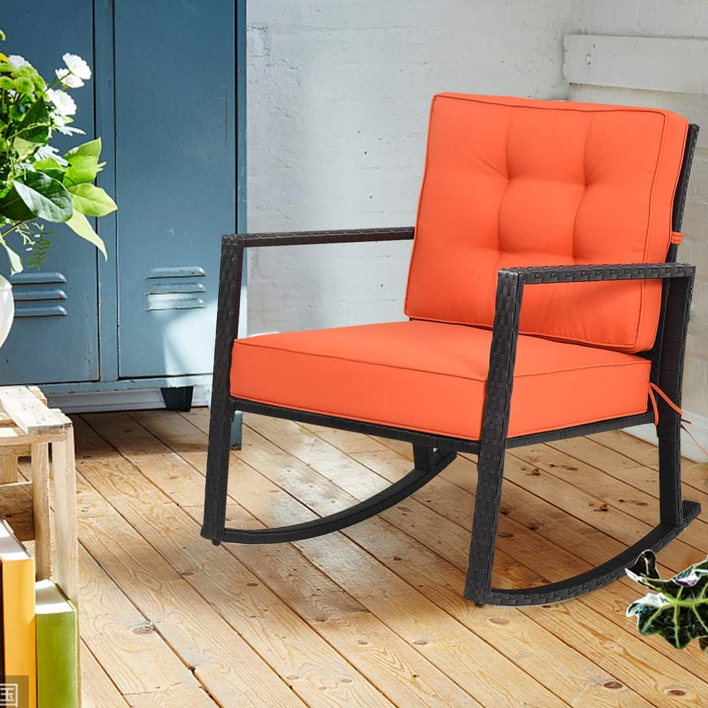 HAPPYGRILL Wicker Rocking Chair, Outdoor Patio Glider Chair with Heavy-Duty Frame, Thick Cushion, Rattan Rocking Chair for Backyard Garden Porch