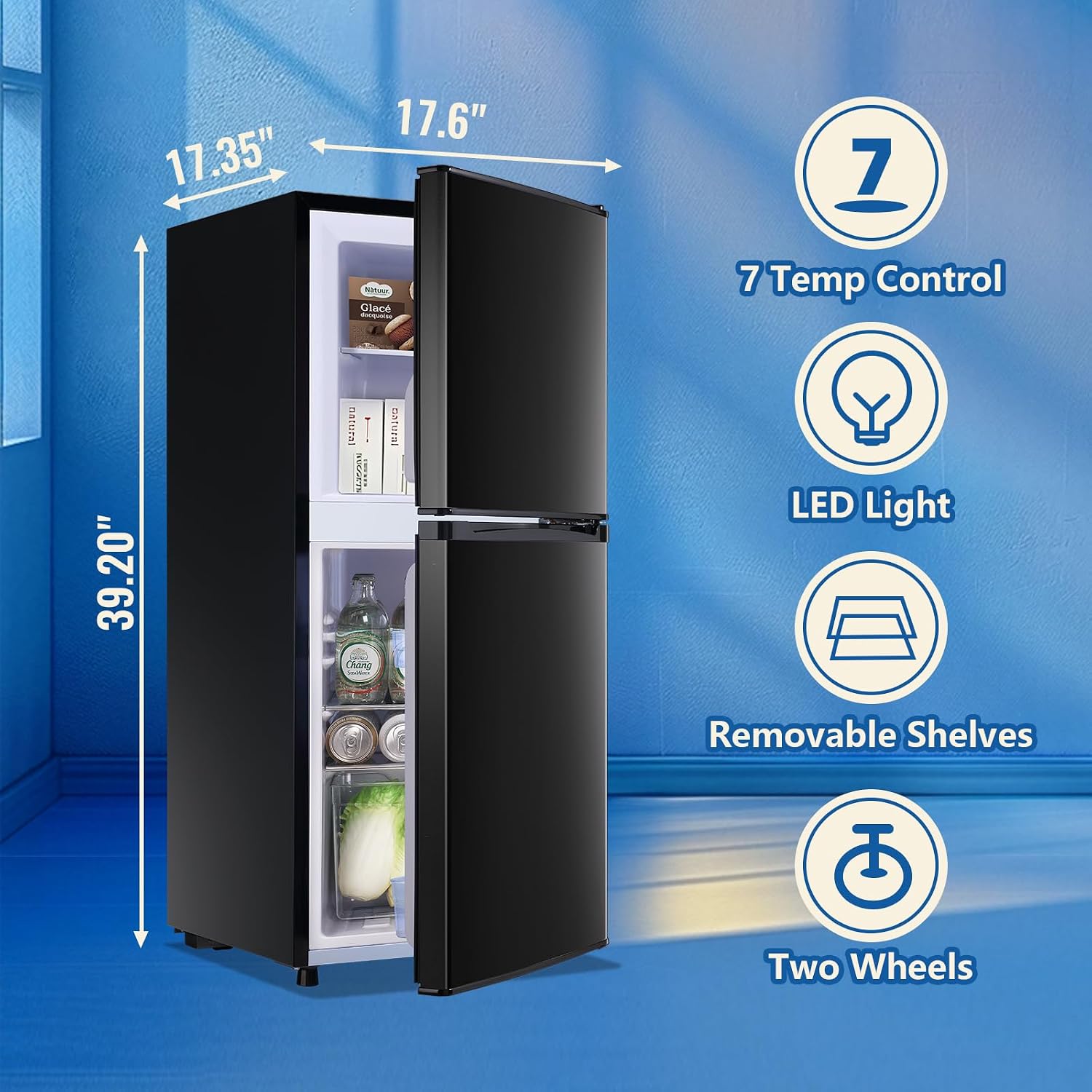 DEMULLER 3.88 CU.FT Capacity Refrigerator with Freezer Double Door Mini Fridge Small Refrigerator with 7 Adjustable Temp Control & 3 Glass Shelves for Kitchen Office Dorm Black
