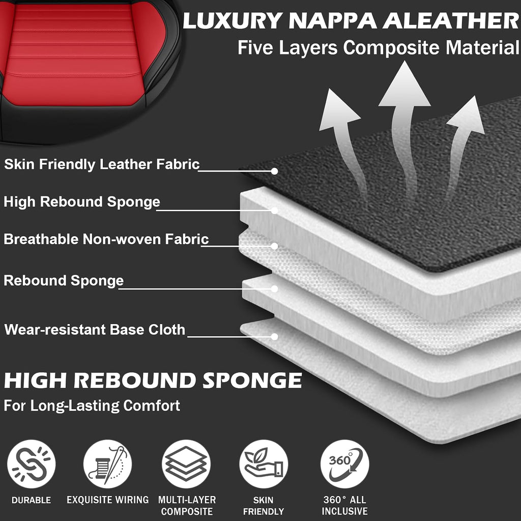 Car Seat Cover Full Set for Kia Sorento Seat Covers 2003-2025, Nappa Leather Waterproof Seat Covers for Cars, Airbag Compatible, Universal Automotive Seat Covers(Standard Front Row/Black Red)