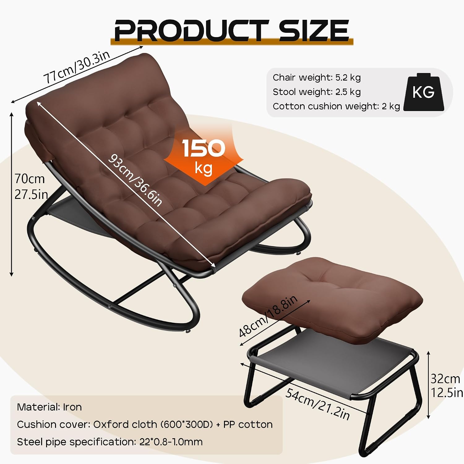 Outdoor Rocking Chair, Oversized Patio Papasan Rocking Chair with Cushion, Modern Comfy Lounge Rocker Chairs for Indoor Balcony Porch (Brown)