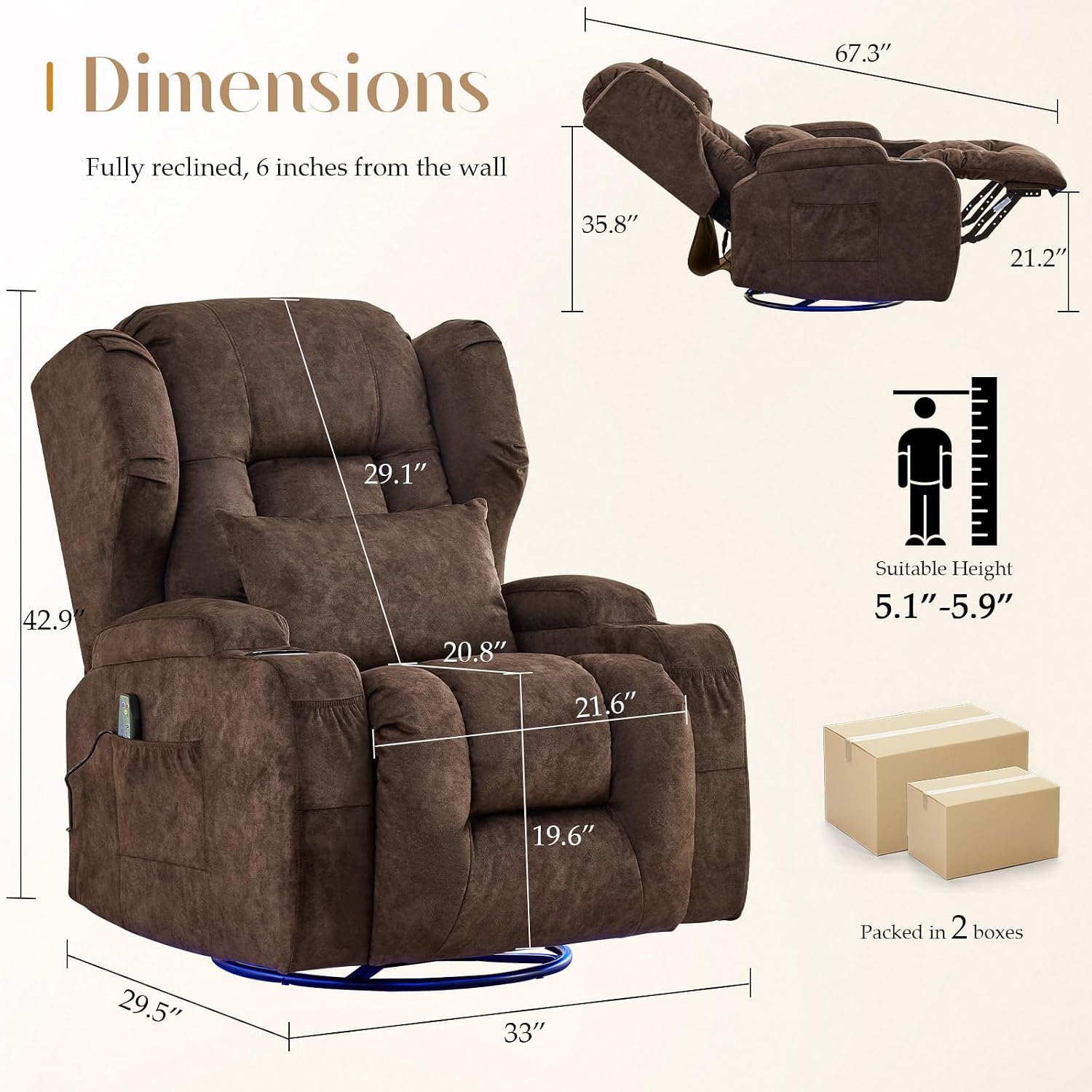 Power Swivel Rocker Recliner Chair with Massage & Heat, Dual Motor Electric Glider Rocking Recliner with USB Ports, Cup Holders & LED Light for Living Room, Home Theater (Brown)