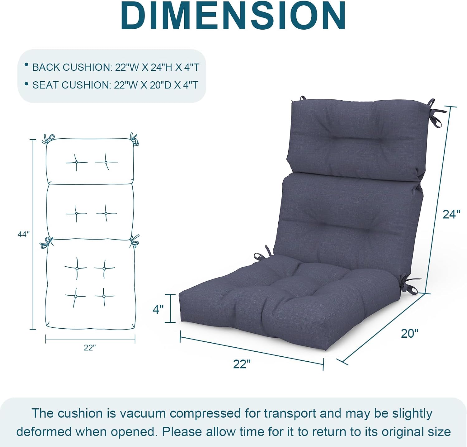 DYTXIII Outdoor High Back Chair Cushions Set of 2, Water Repellent Tufted Rocking Seat Cushions Replacement 44 x 22 Inch, Seat & Back Chair Pads for Patio, Balcony and Indoor Use -Textured Navy