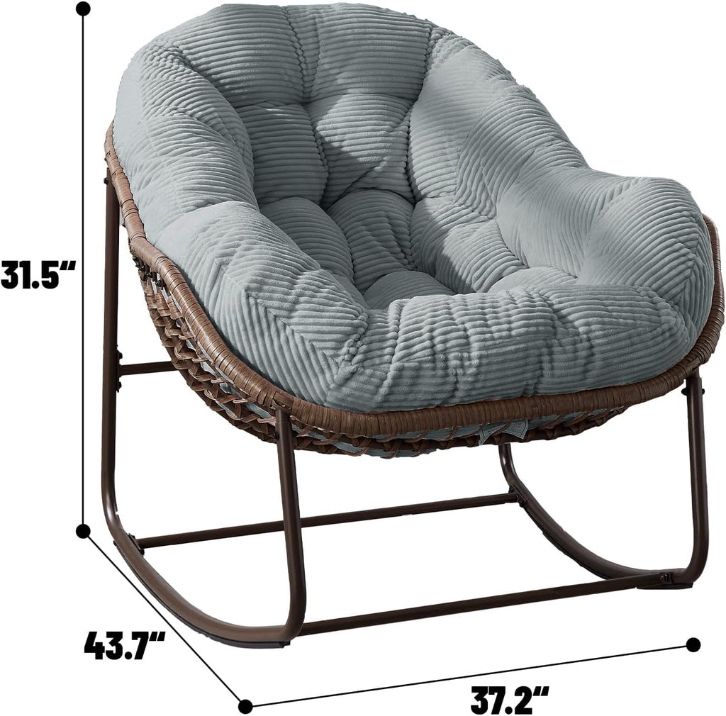 Rattan Rocking Chair for Indoor Outdoor Patio Oversized Wicker Egg Chair with Steel Frame Corduroy Padded Cushion Rocker Recliner Chair Comfy Lounger Papasan Chair for Living Room Garden, Light Green