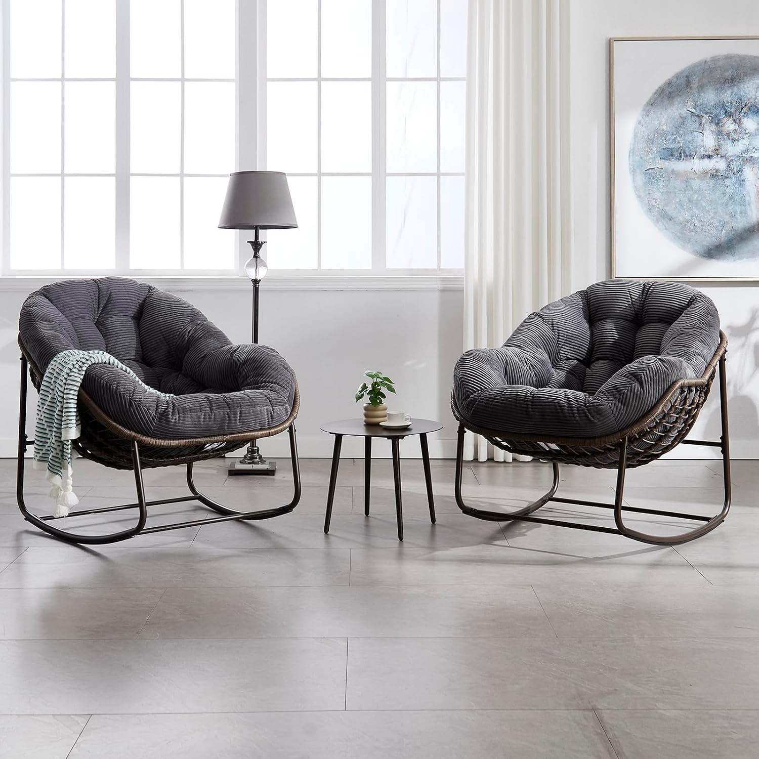 Rattan Rocking Chair for Indoor Outdoor Patio Oversized Wicker Egg Chair, Grey