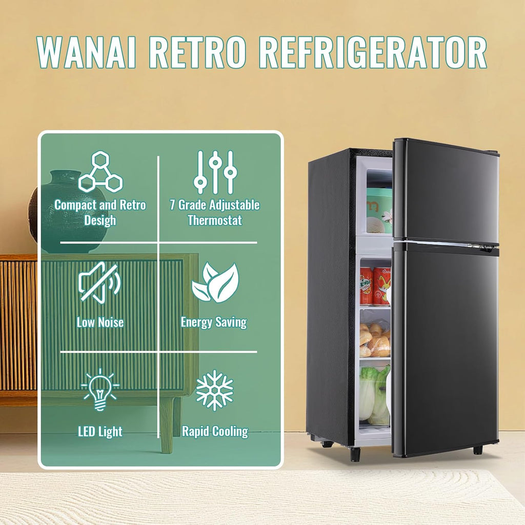 WANAI 3.5 Cu.Ft Mini Fridge with Freezer, Compact Refrigerator for Office, Dorm, Apartment, 7-Level Adjustable Thermostat, 2 Removable Shelves and Bakset, Small Fridge in Dark Gray