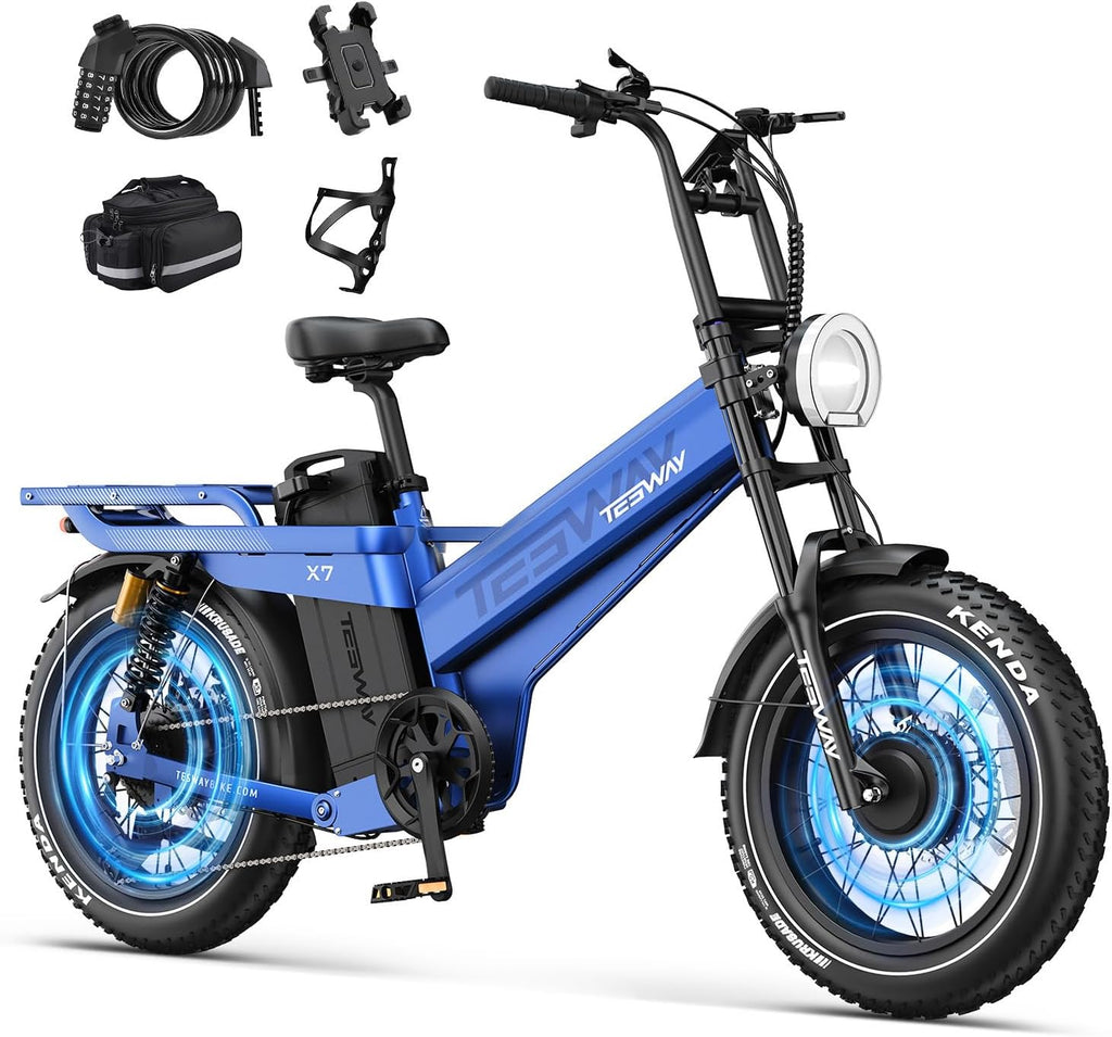 TESWAY 52V 3600W Dual Motor Ebike 200Miles Longest Range Electric Bike for Adults, 20' Fat Tire Full Suspension E Bike (X7 AWD, Blue)