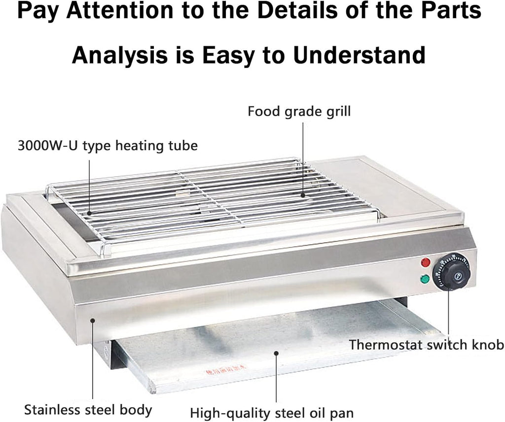 Smokeless Electric Grill, 3000W Healthy Grill, Adjustable Temperature, Drip Tray, Chrome Grill and Stainless Steel Heating Element (Jpx D060)