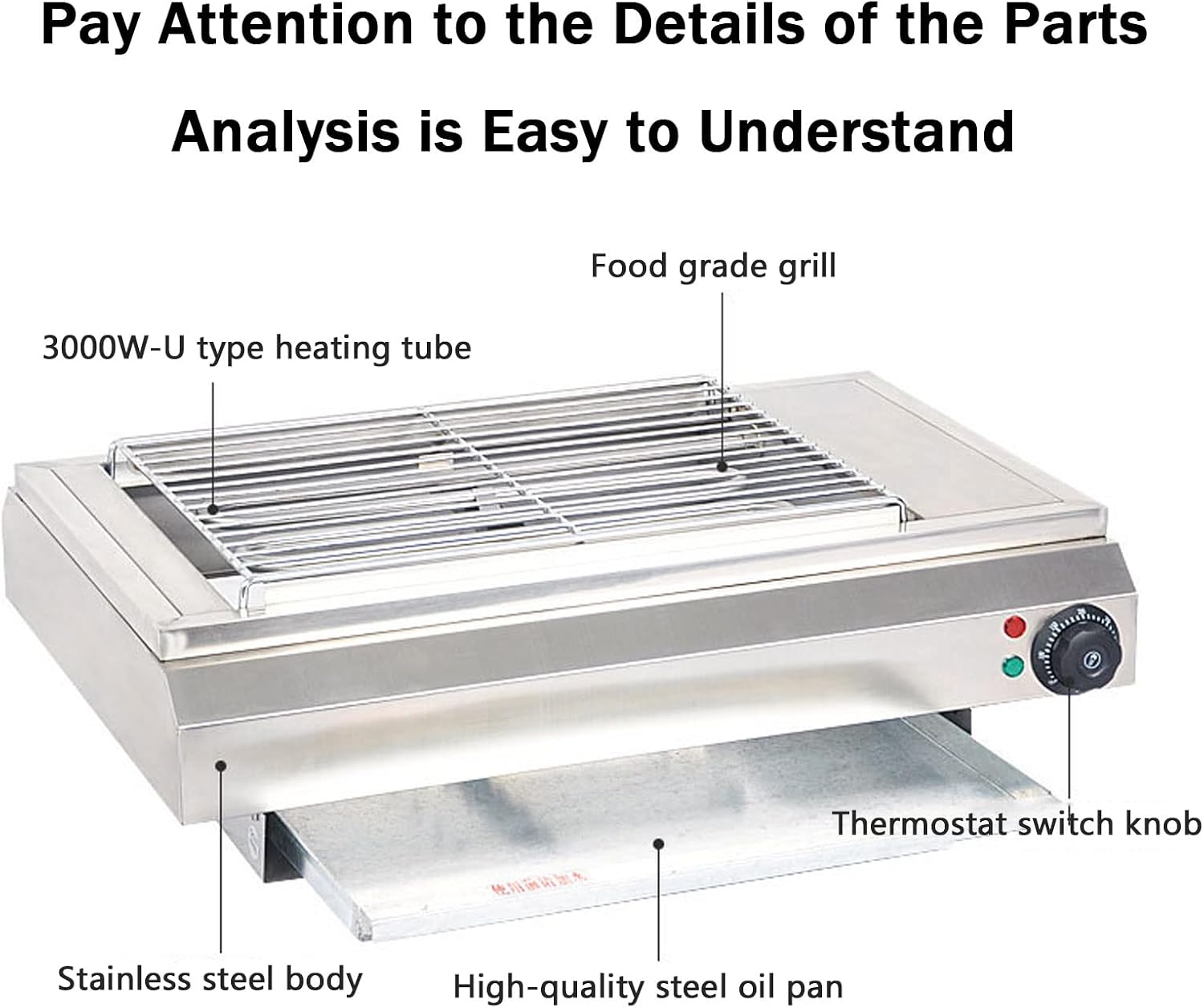 Smokeless Electric Grill, 3000W Healthy Grill, Adjustable Temperature, Drip Tray, Chrome Grill and Stainless Steel Heating Element (Jpx D060)