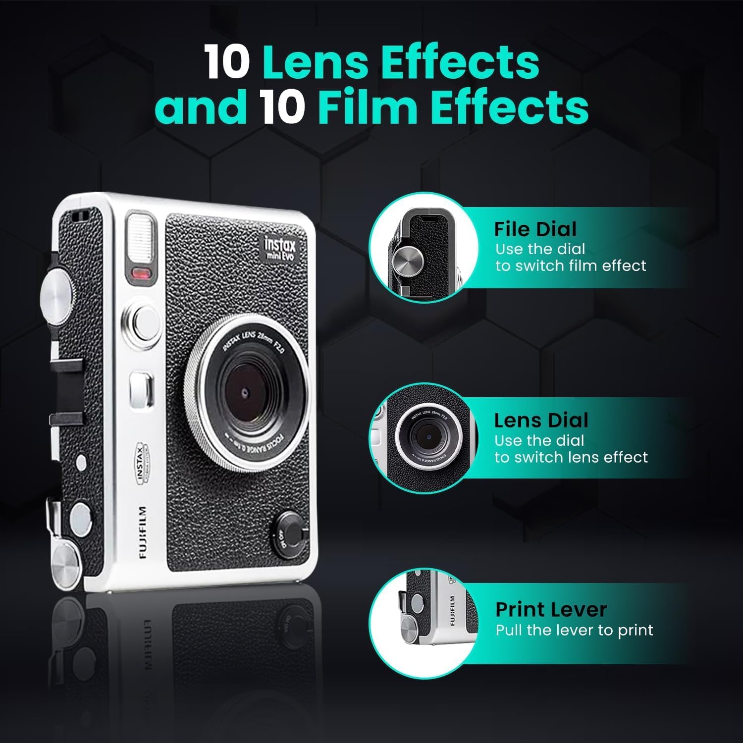 Fujifilm Instant Mini EVO Hybrid Camera Bundle with 20 Instant Film Sheets + 32GB Memory Card + Carrying Case + Flex Tripod + BluebirdSales Cleaning Cloth (Black)
