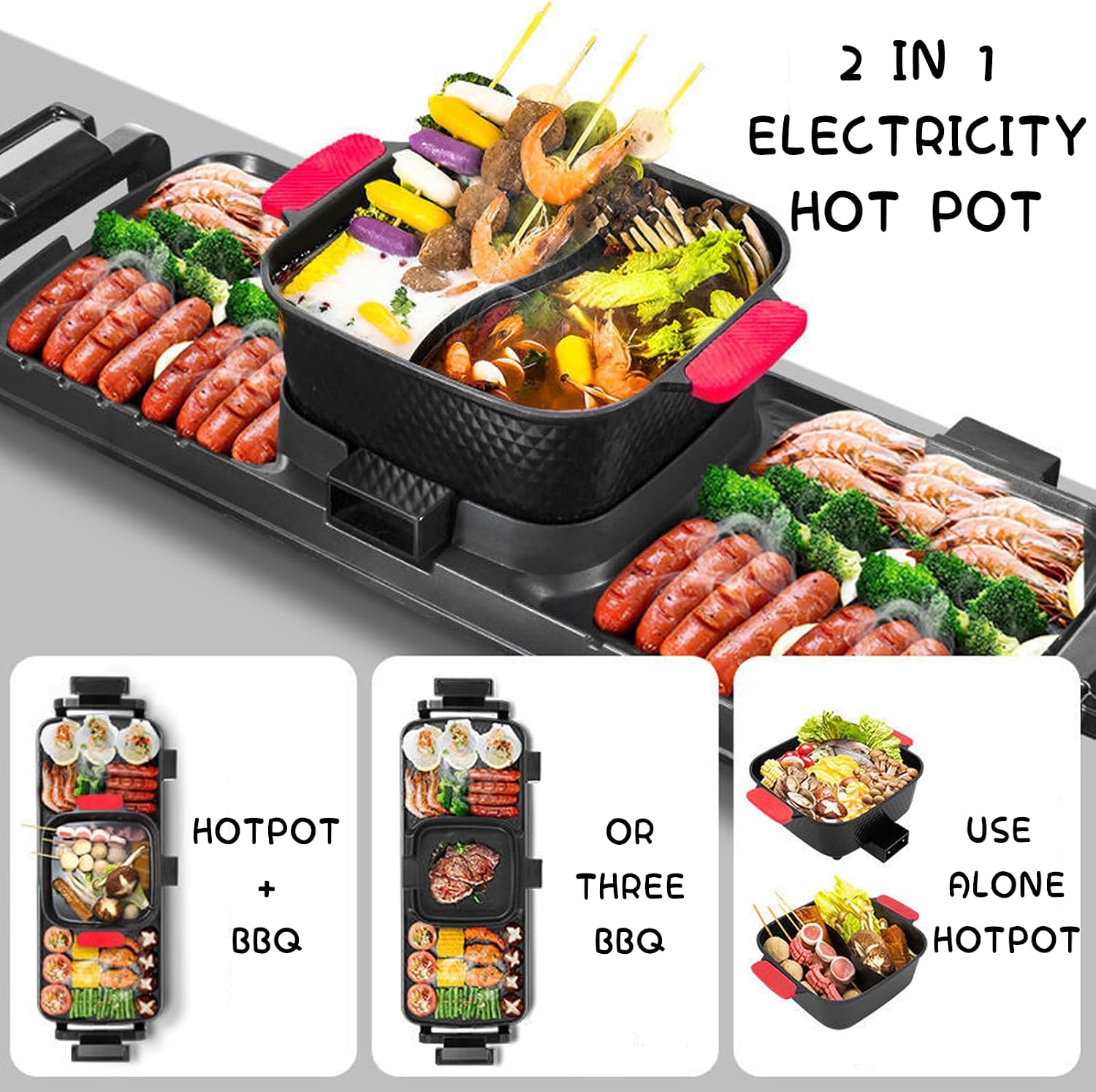 Household Electric Hot Pot with Grill, Detachable Soup Pot and BBQ Pan, Independent Power Supply, Non-stick Pot, Easy to Clean, For 5-10 People to Enjoy, 2700 W