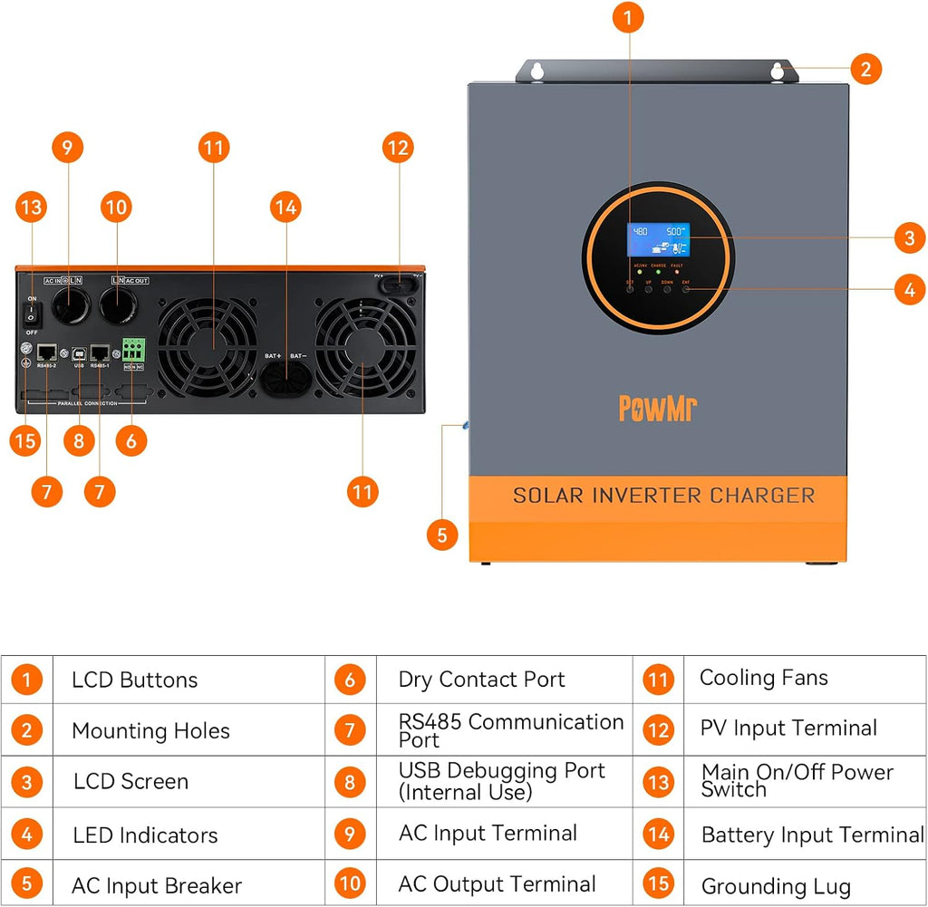 PowMr 5000W Hybrid Solar Inverter 48V to 110/120V AC, Pure Sine Wave Power Inverter 5KW, Built-in 80A MPPT Controller, Max.PV Input 5500W, 500V, 22A, Work for 48V Lead Acid, Lithium Batteries