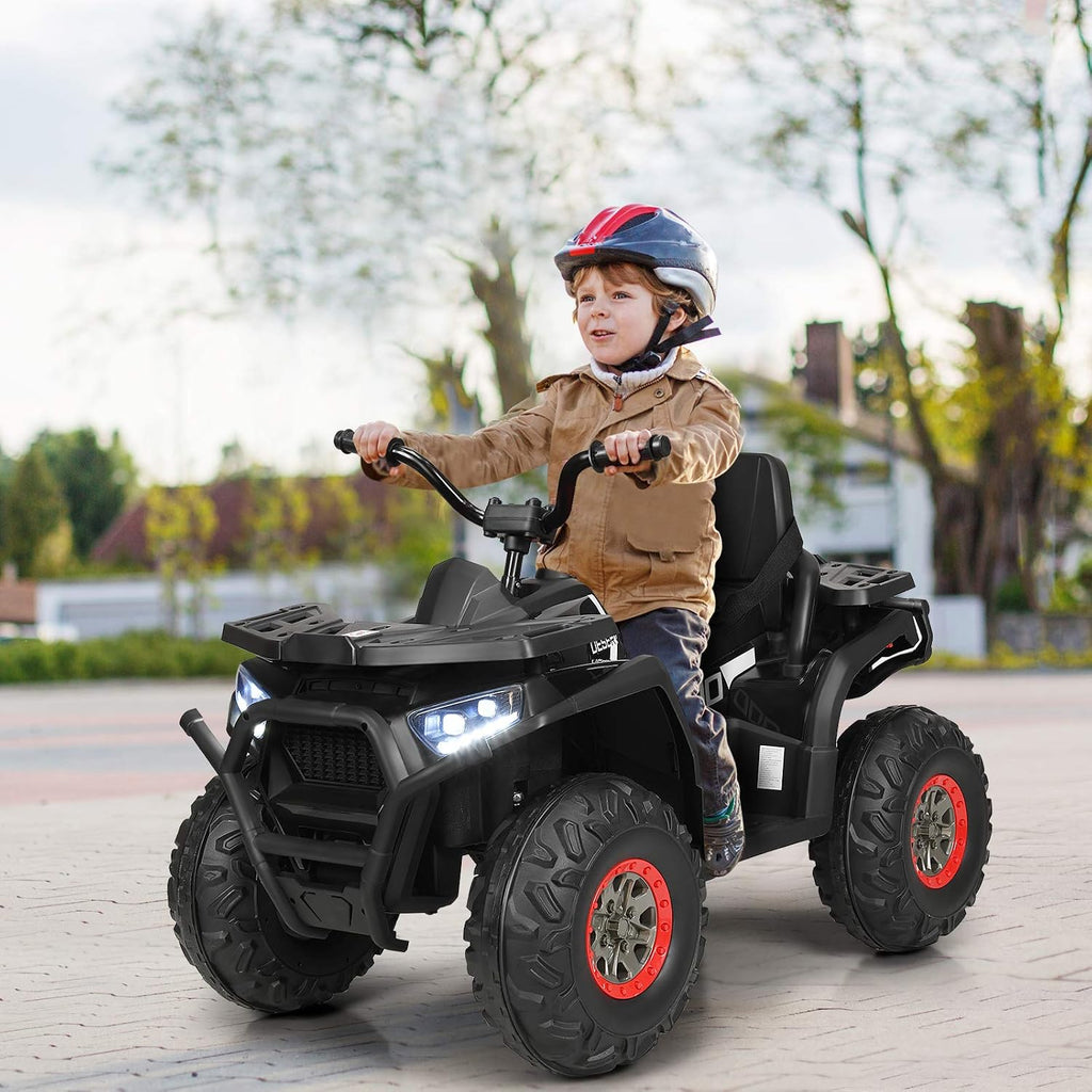 Costzon Kids ATV, 12V Battery Powered Electric Vehicle w/Safety Belt, LED Light, Music, Horn, 2 Speeds, USB/ MP3/TF, Treaded Tires, Ride on Car 4 Wheeler Quad for Boy & Girl Gift, Ride on ATV, Black