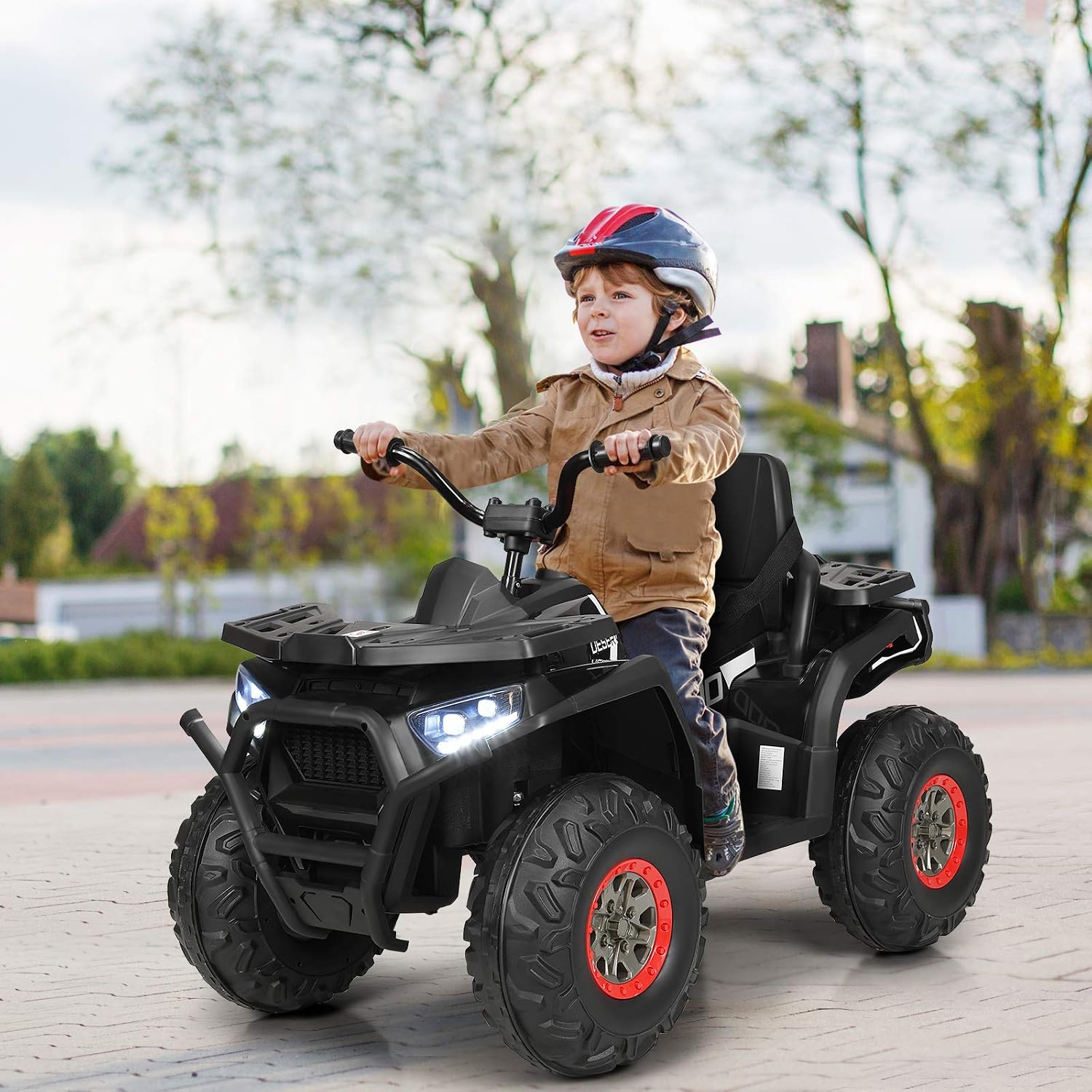 Costzon Kids ATV, 12V Battery Powered Electric Vehicle w/Safety Belt, LED Light, Music, Horn, 2 Speeds, USB/ MP3/TF, Treaded Tires, Ride on Car 4 Wheeler Quad for Boy & Girl Gift, Ride on ATV, Black