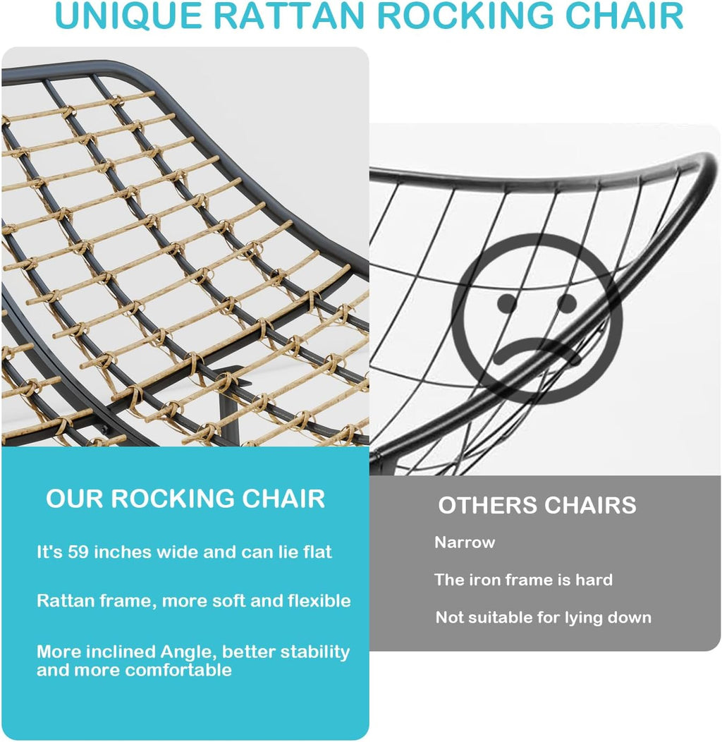 ROCSUMOO Double Outdoor Rocking Papasan Chair, Oversized Rocking Chair for 2-Person, Loveseat Rocker with Soft Cushion & Rattan Frame, Large Lounge for Patio Garden Balcony (Gray)