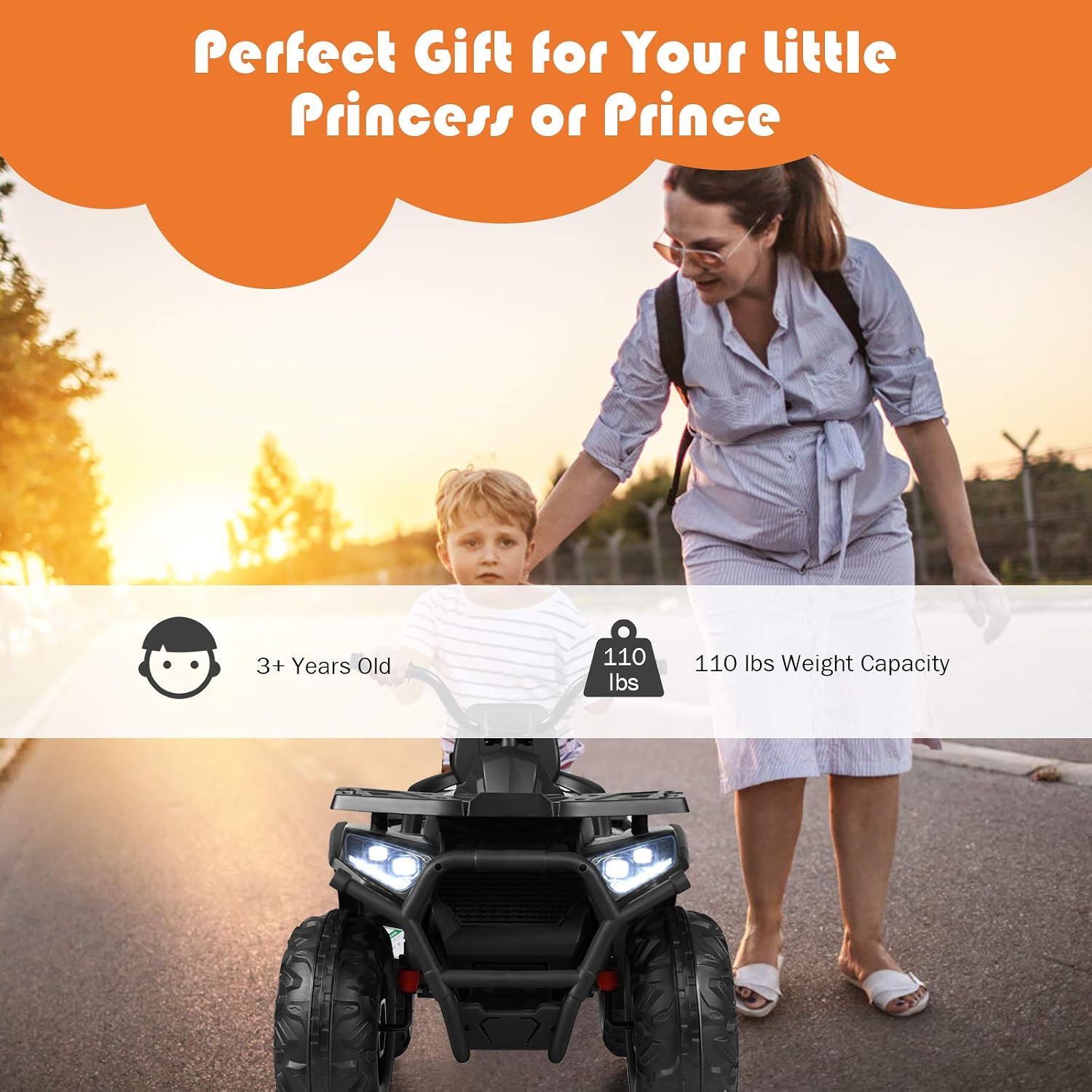 Costzon Kids ATV, 12V Battery Powered Electric Vehicle w/Safety Belt, LED Light, Music, Horn, 2 Speeds, USB/ MP3/TF, Treaded Tires, Ride on Car 4 Wheeler Quad for Boy & Girl Gift, Ride on ATV, Black