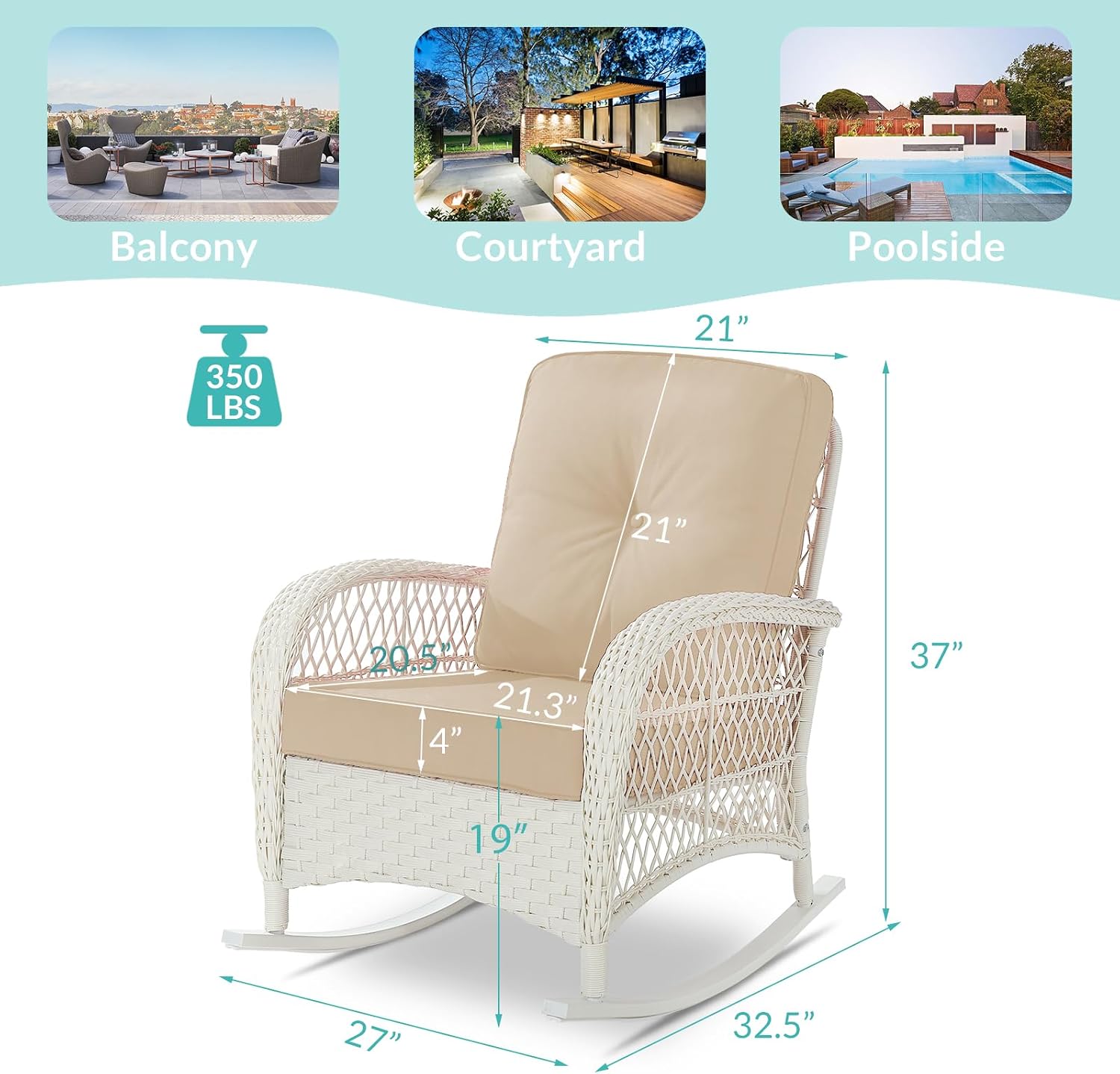 MEETWARM Outdoor Wicker Rocking Chair, Rattan Patio Rocker Chairs with Cushions and High Back, All-Weather Patio Wicker Chair with Safe Rocking Design for Garden Backyard Porch, Cream White/Beige