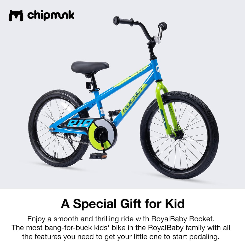 Chipmunk Rocket Kids Bike Toddlers 18 Inch Wheel Bicycle Beginners Boys Girls Ages 6-9 Years with Training Wheel, Multiple Colors