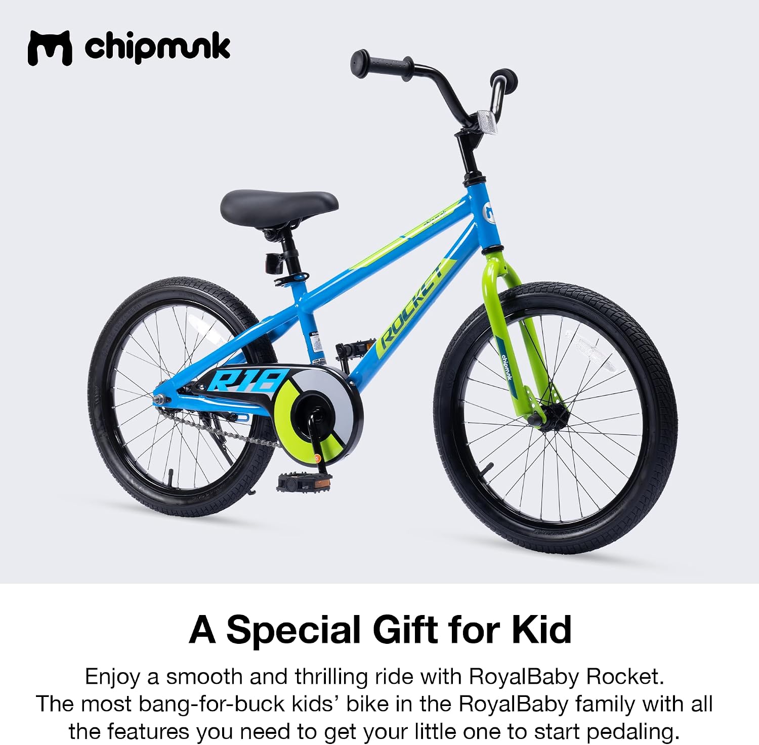 Chipmunk Rocket Kids Bike Toddlers 18 Inch Wheel Bicycle Beginners Boys Girls Ages 6-9 Years with Training Wheel, Multiple Colors